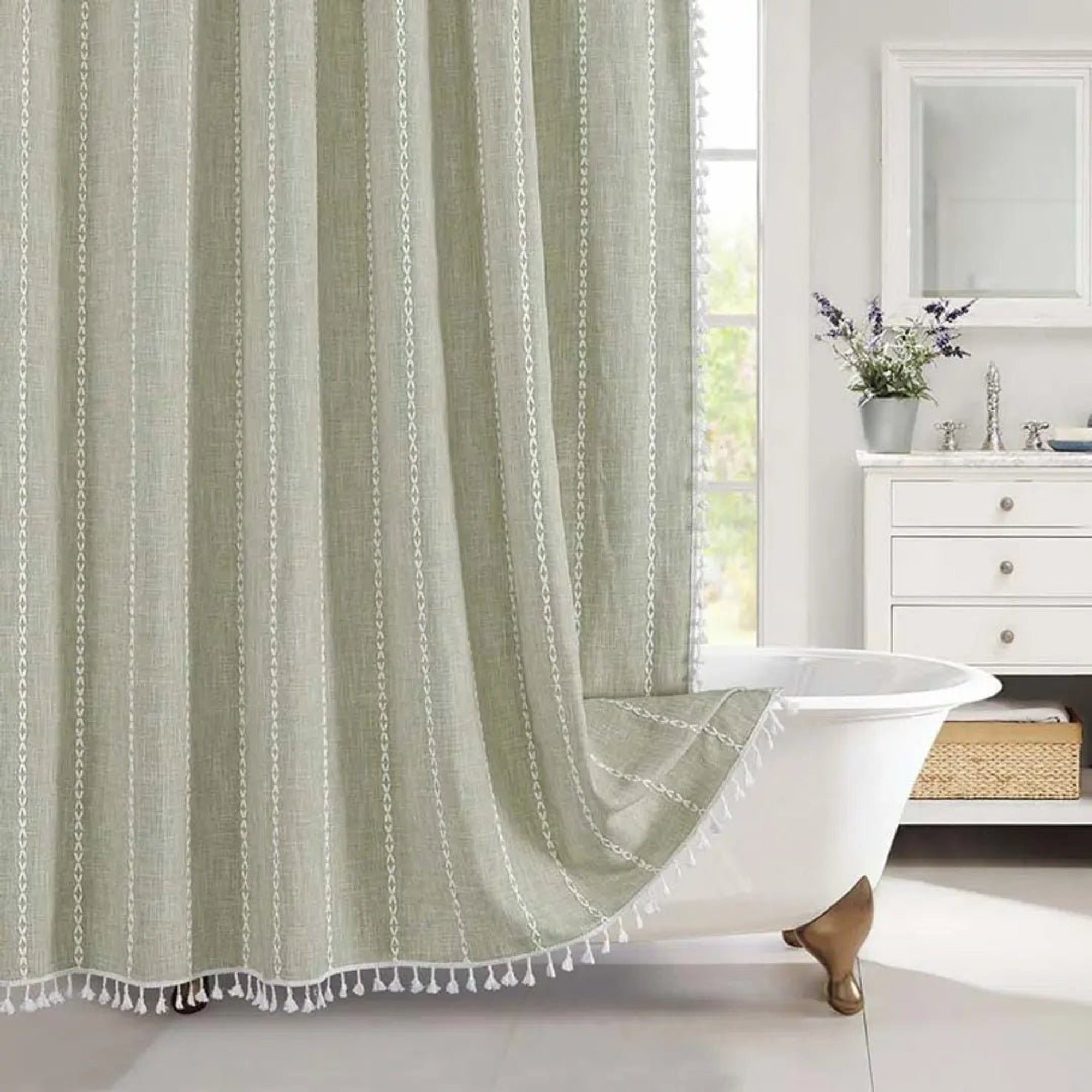 Boho Linen Shower Curtain With Tassel Hem - Image 7