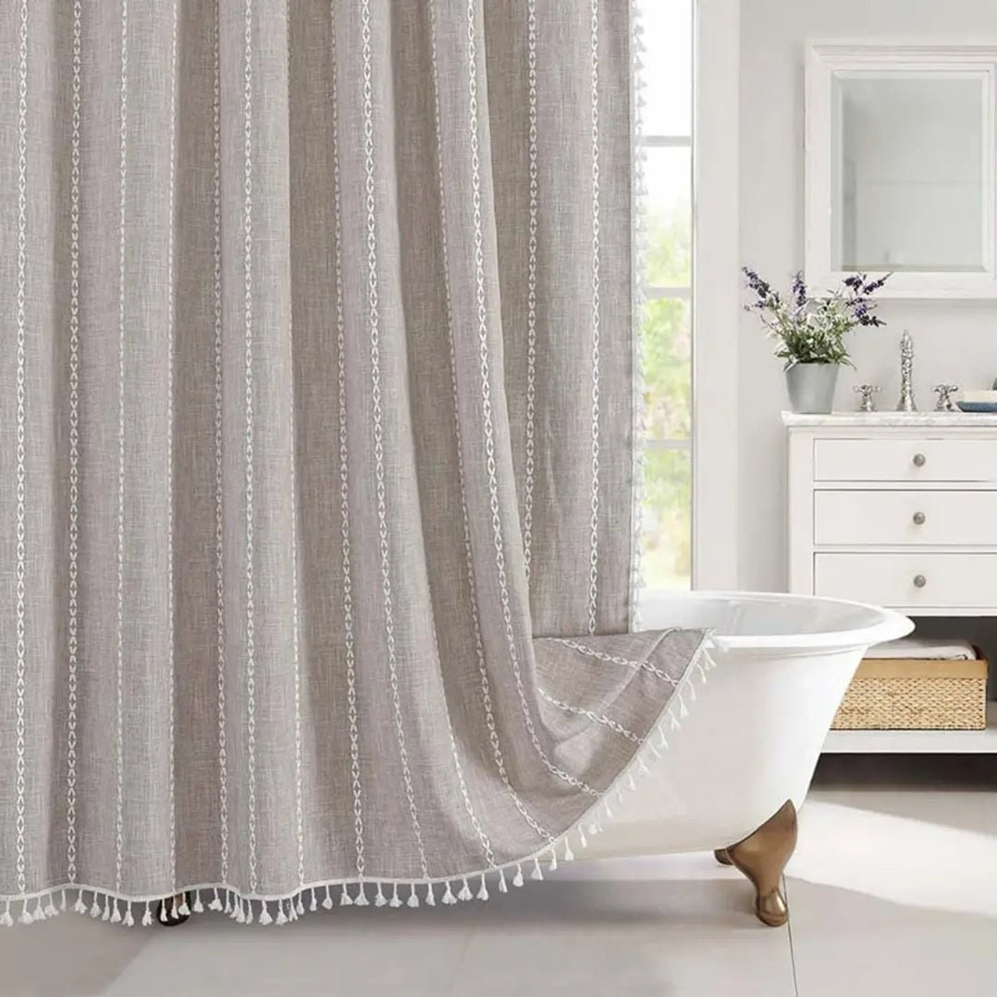 Boho Linen Shower Curtain With Tassel Hem - Image 8