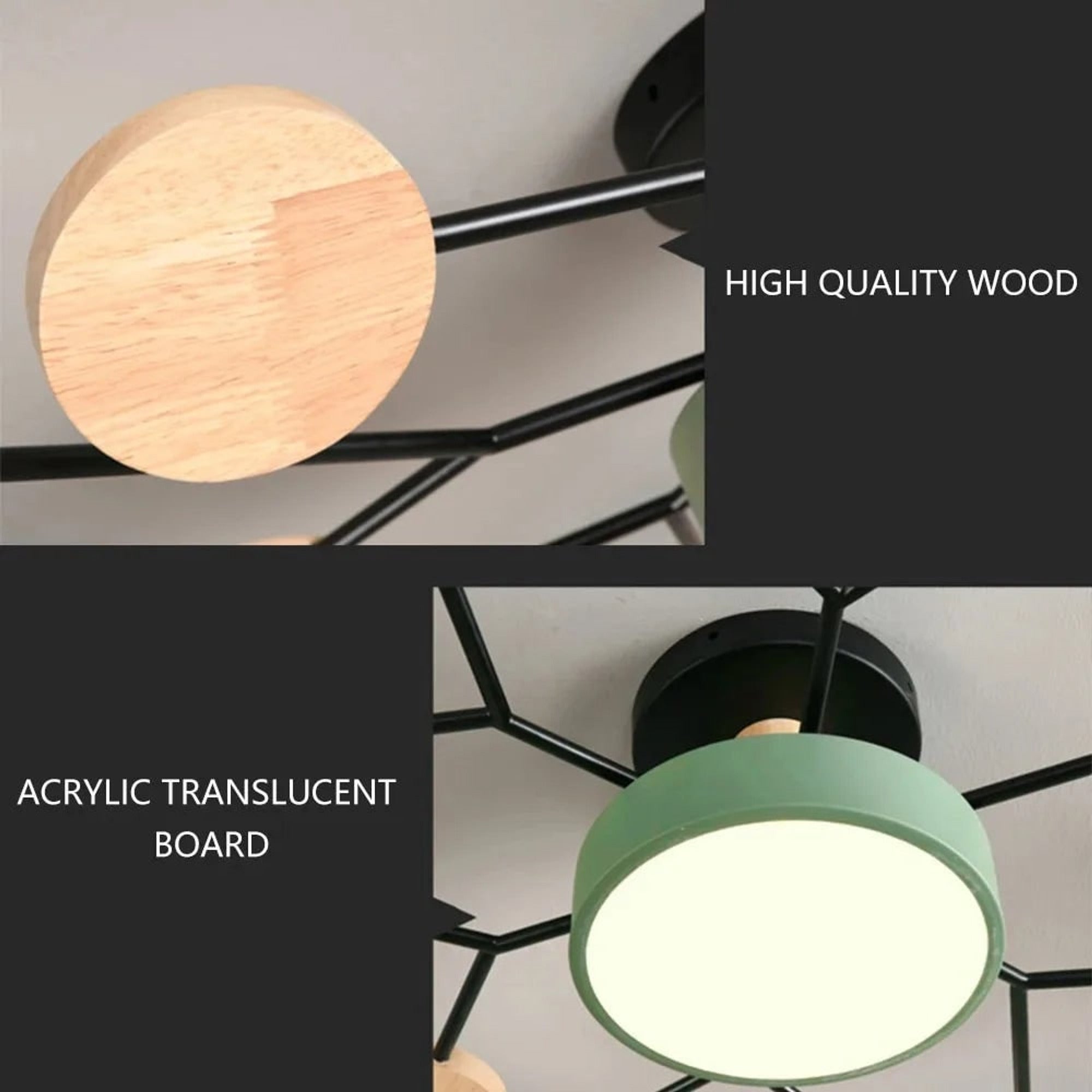 Ceiling Light Fixture Modern Geometric Iron Frame With Circular Shades And Wooden Accents - Image 6