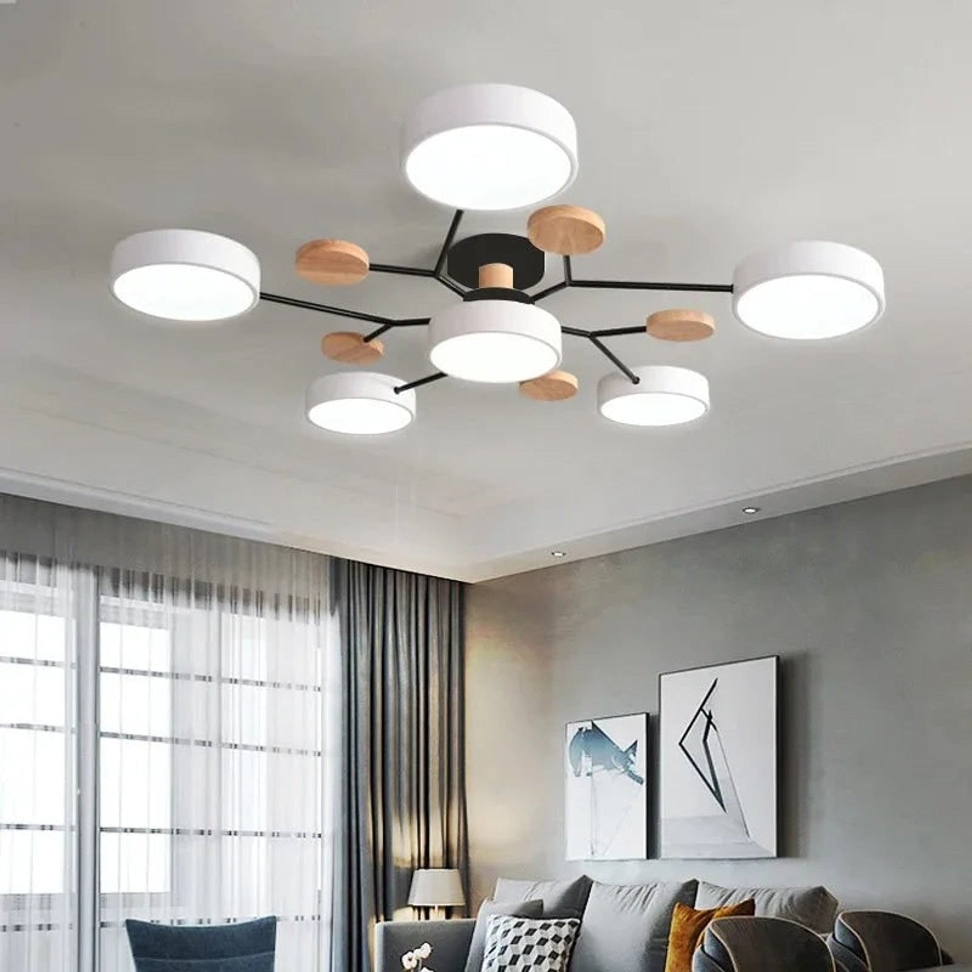 Ceiling Light Fixture Modern Geometric Iron Frame With Circular Shades And Wooden Accents - Image 1