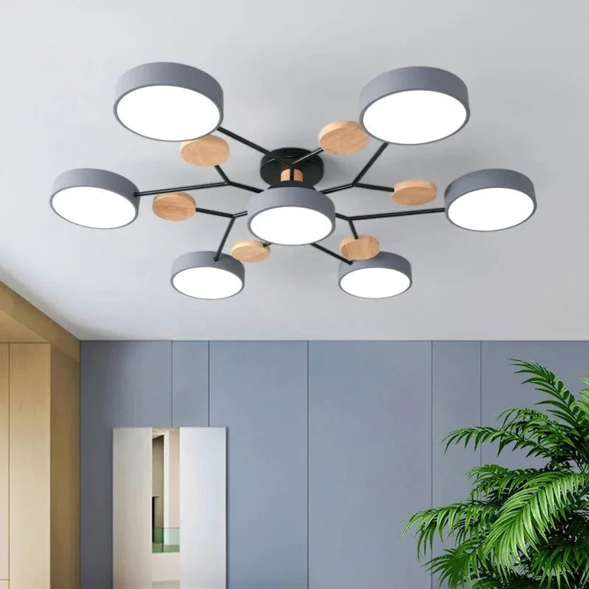 Ceiling Light Fixture Modern Geometric Iron Frame With Circular Shade Wooden Accents - Image 2