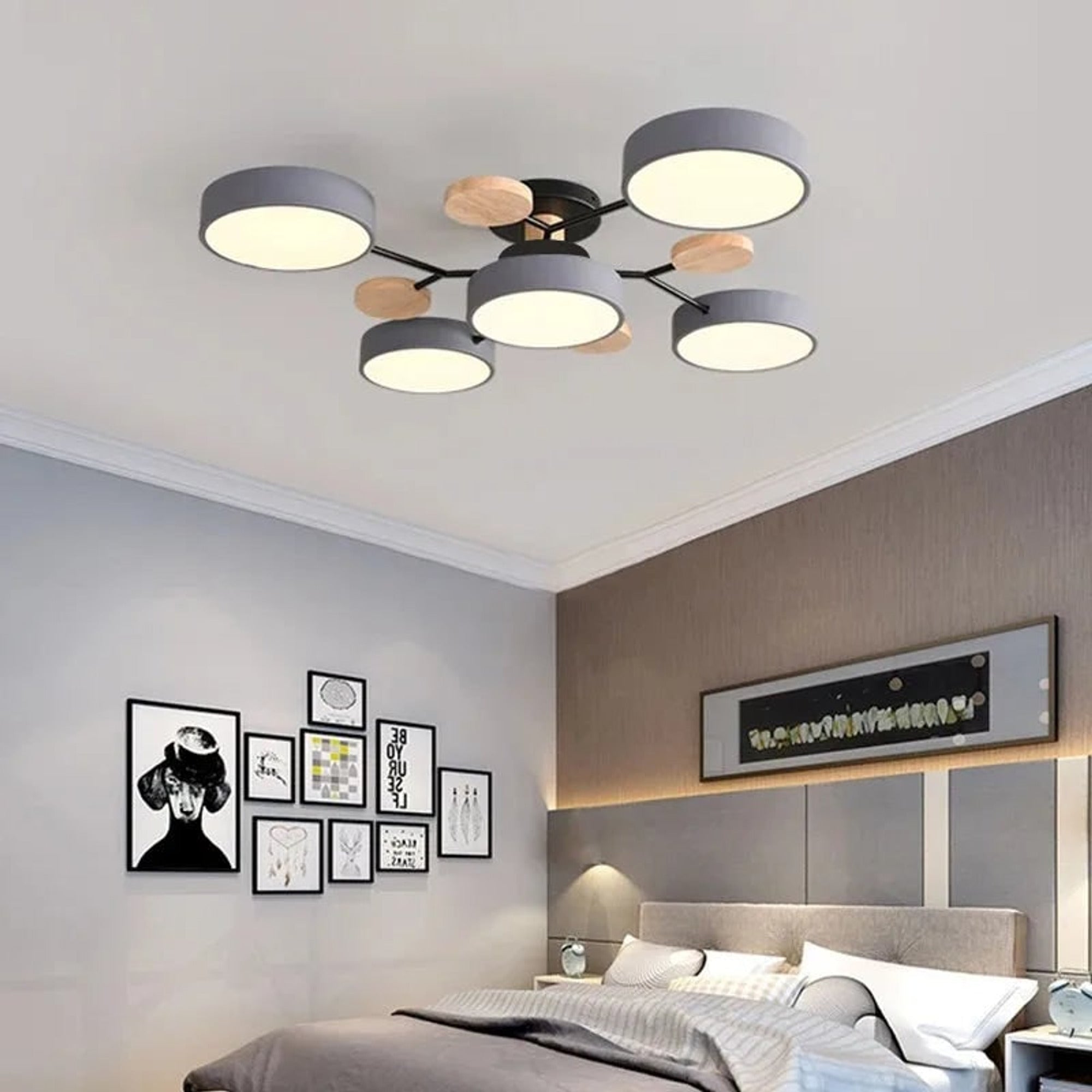 Ceiling Light Fixture Modern Geometric Iron Frame With Circular Shades And Wooden Accents - Image 5