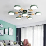 Ceiling Light Fixture Modern Geometric Iron Frame With Circular Shades And Wooden Accents - Image 3