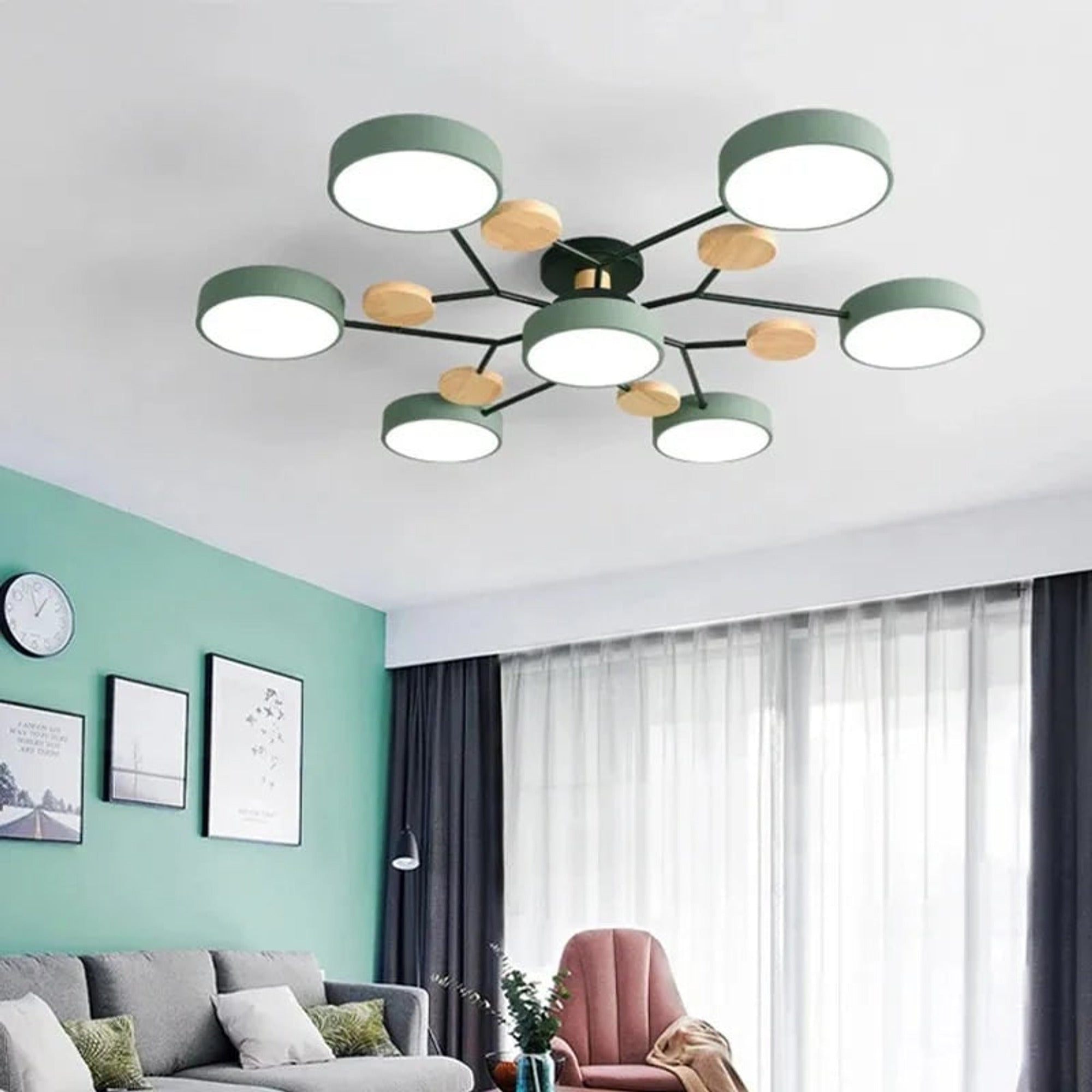 Ceiling Light Fixture Modern Geometric Iron Frame With Circular Shades And Wooden Accents - Image 3