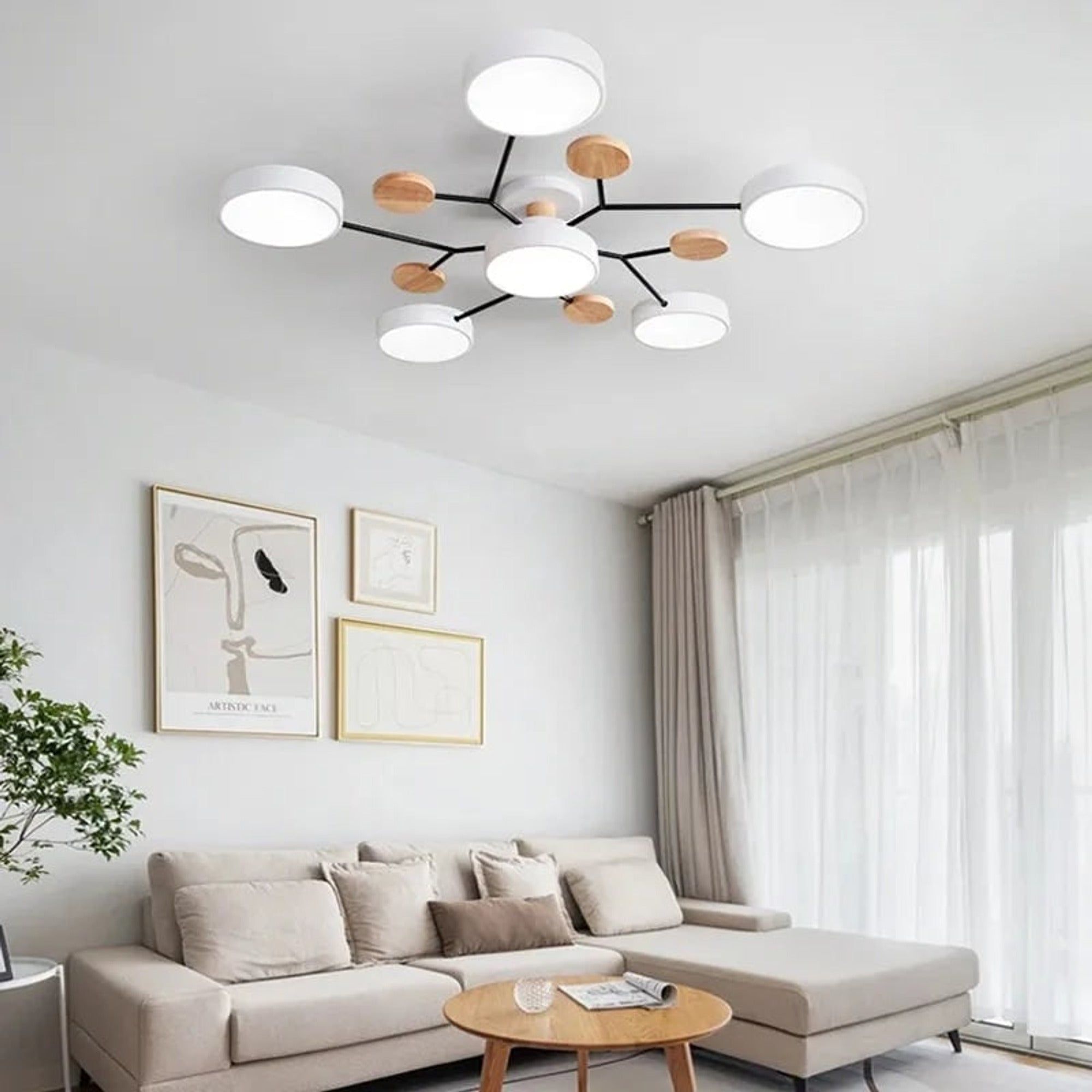 Ceiling Light Fixture Modern Geometric Iron Frame With Circular Shades And Wooden Accents - Image 4