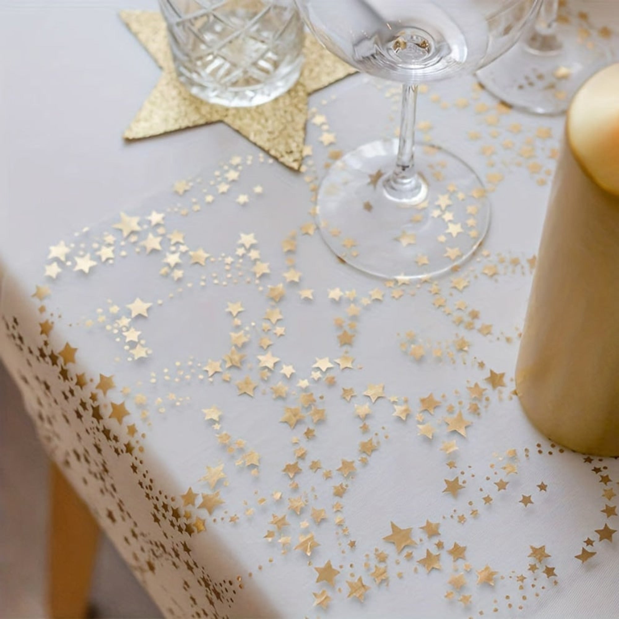 Christmas Linen Table Runner With Elegant Golden Star Organza Design - Image 1