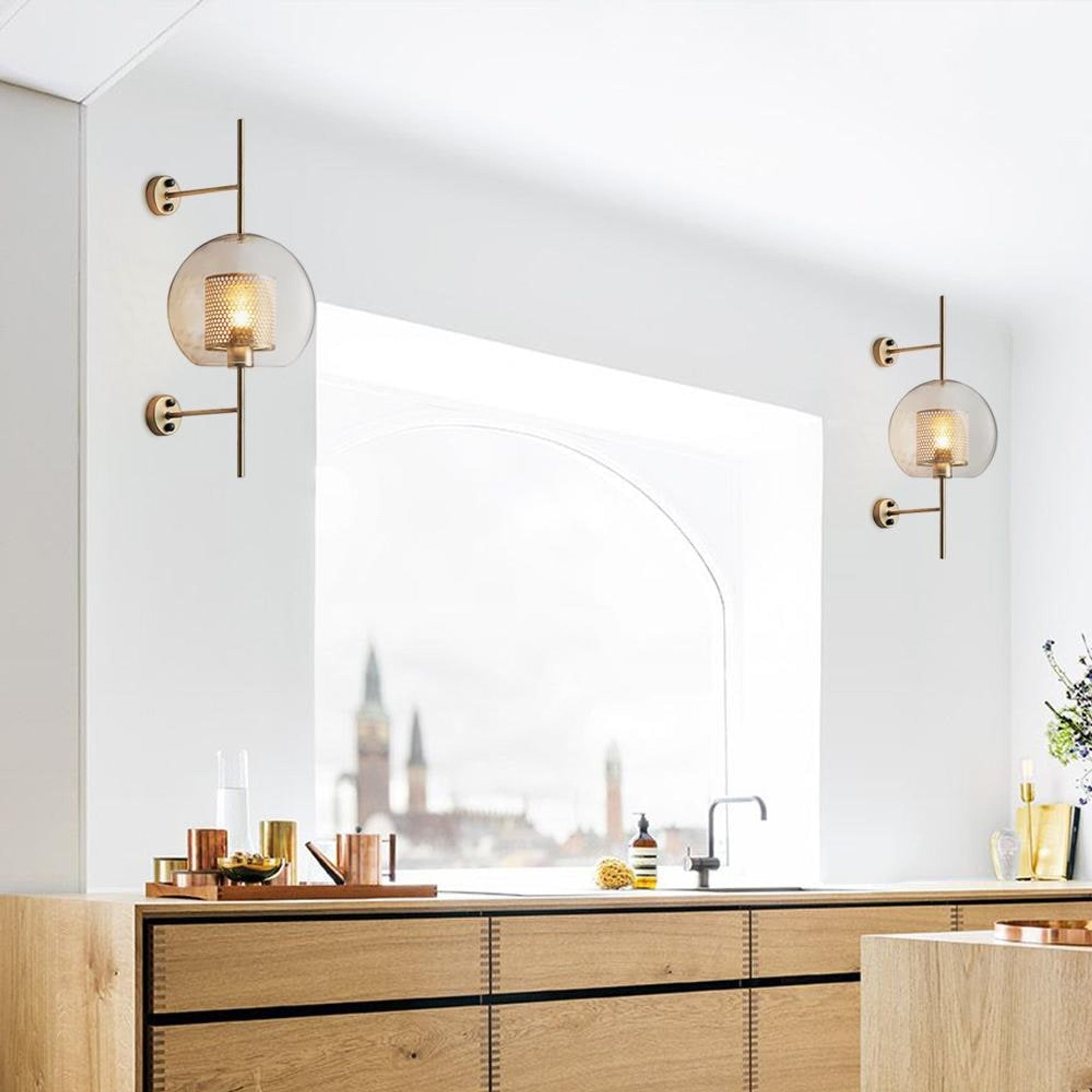 Clear Glass Globe Sconces With Cylindrical Inner Cage - Image 2