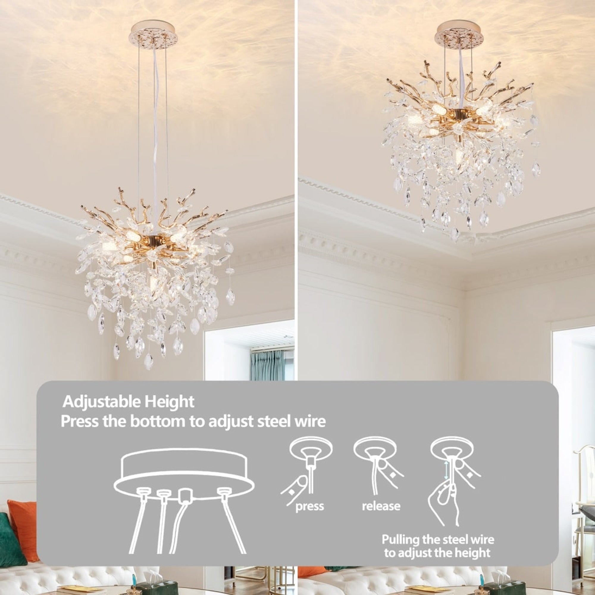 Crystal Branch Chandelier With Gold Metal Branches - Image 9