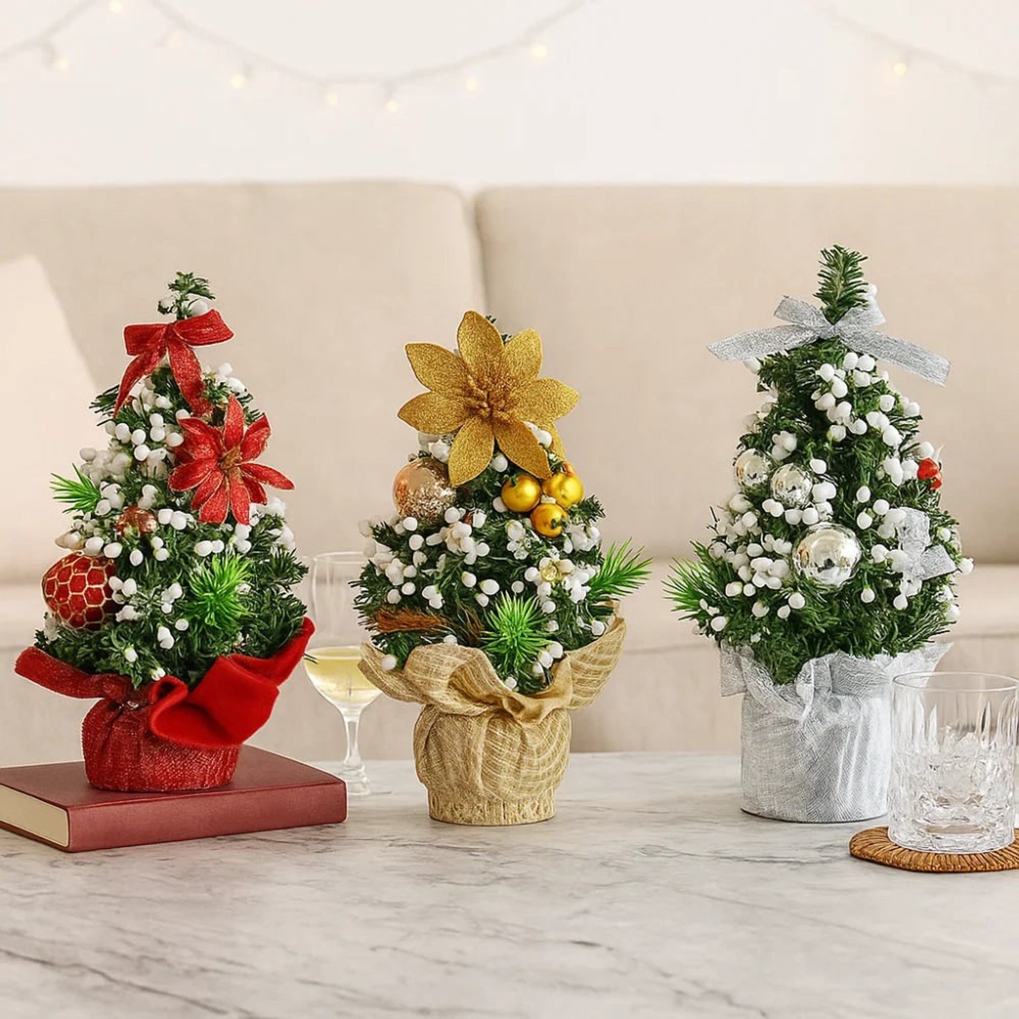 Decorated Artificial Christmas Tree Set Of Three Mini Fir Trees With Baubles Ribbons And Berries - Image 2