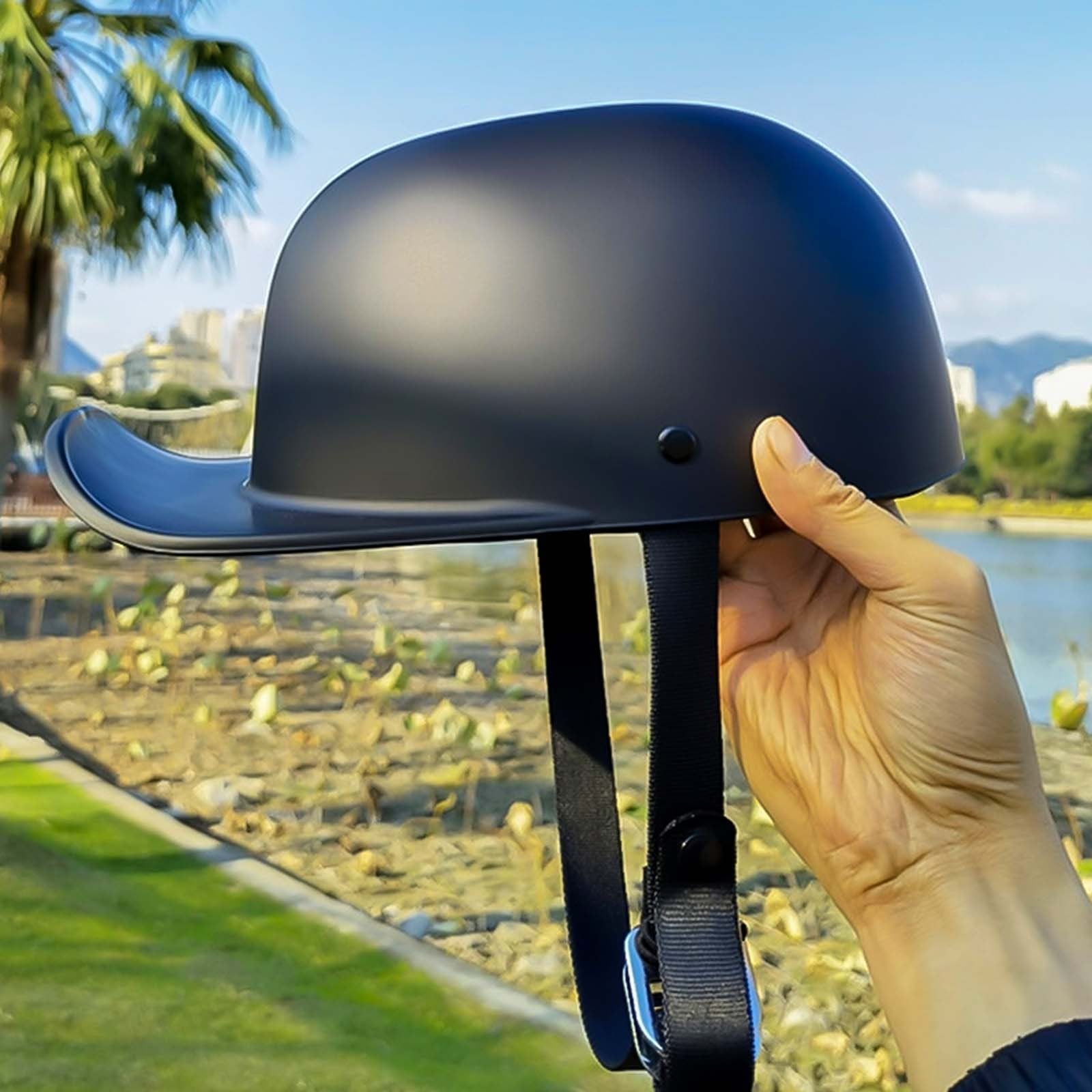 Dot Approved Motorcycle Helmet With Classic Cap Style And Adjustable Strap - Image 9