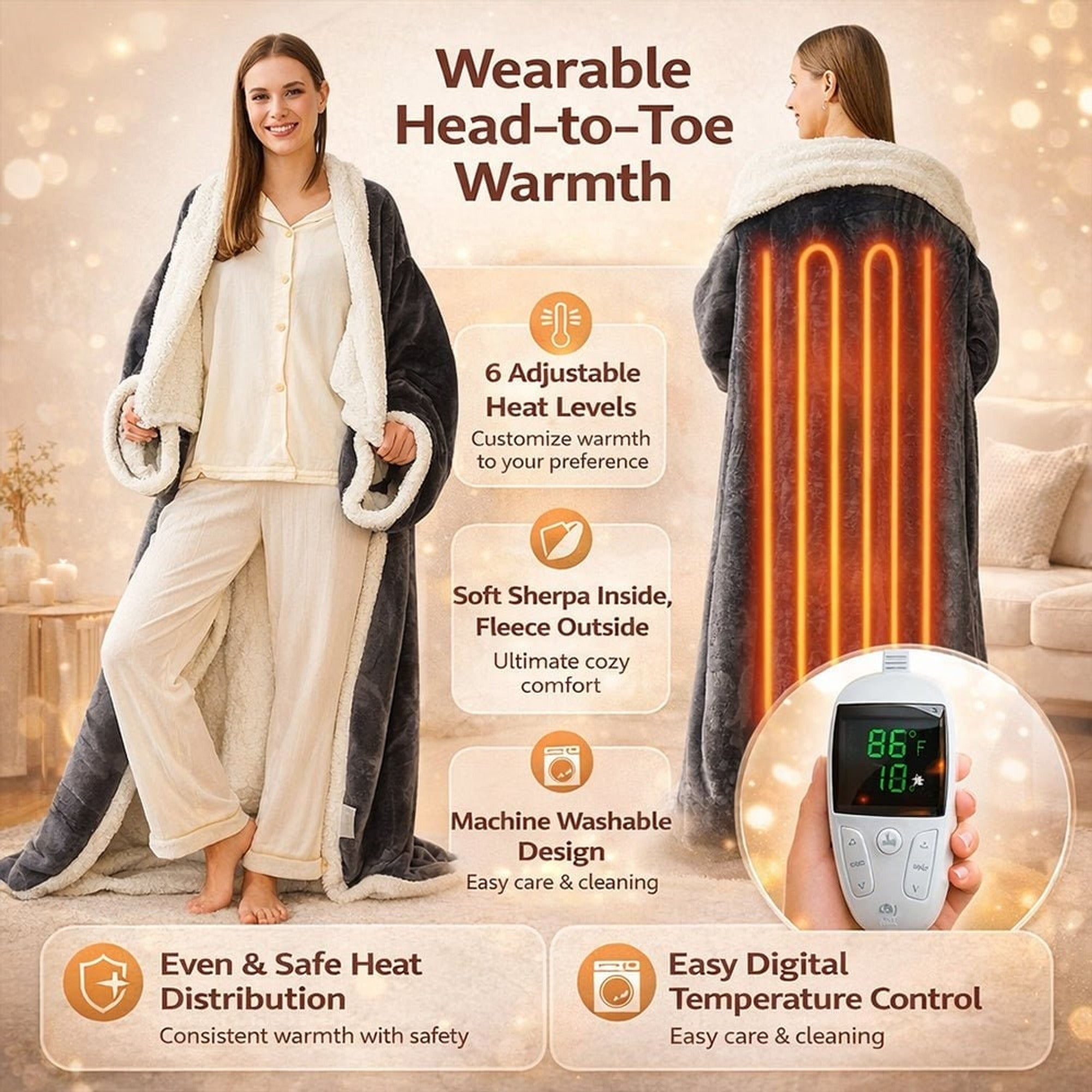 Electric Heated Blanket Wearable With Foot Pocket And Sherpa Fleece - Image 2