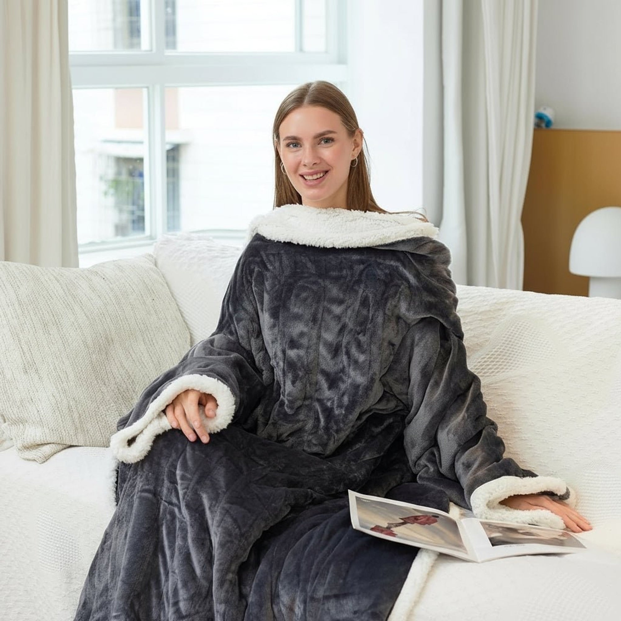 Electric Heated Blanket Wearable With Foot Pocket And Sherpa Fleece - Image 1