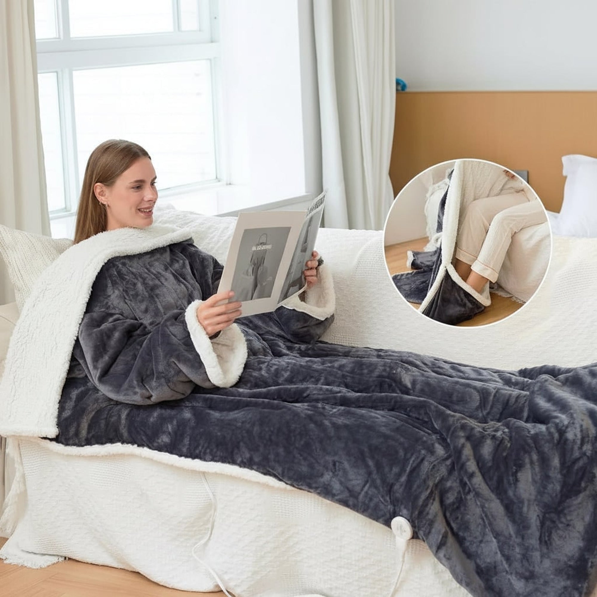 Electric Heated Blanket Wearable With Foot Pocket And Sherpa Fleece - Image 3