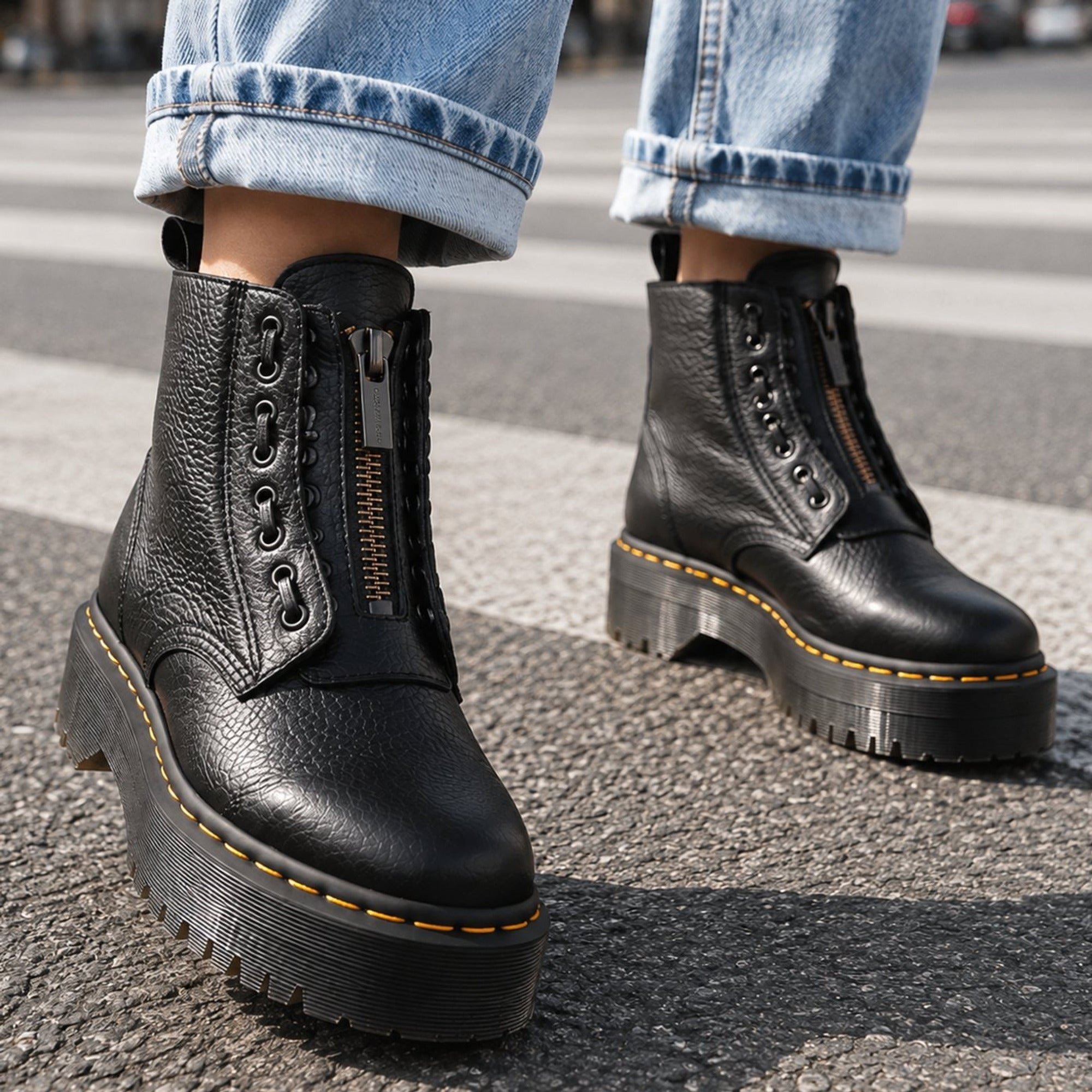 Emily Chunky Platform Lace-Panel Front-Zip Ankle Boots - Image 1