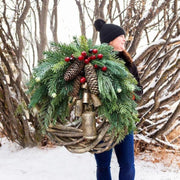 Farmhouse Christmas Wreath With Pinecones And Golden Bells - Image 1