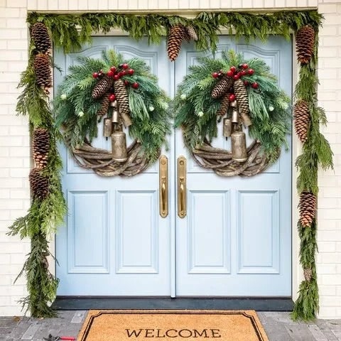 Farmhouse Christmas Wreath With Pinecones And Golden Bells - Image 2