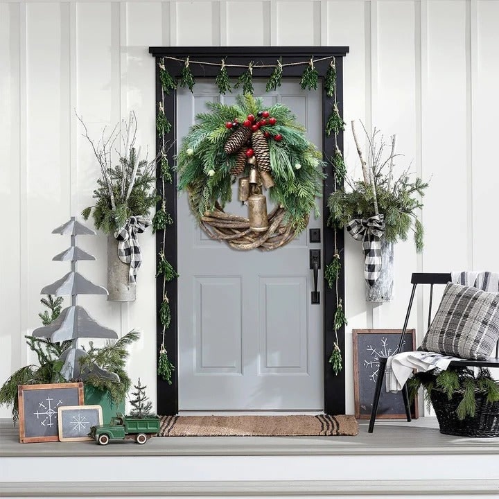 Farmhouse Christmas Wreath With Pinecones And Golden Bells - Image 4