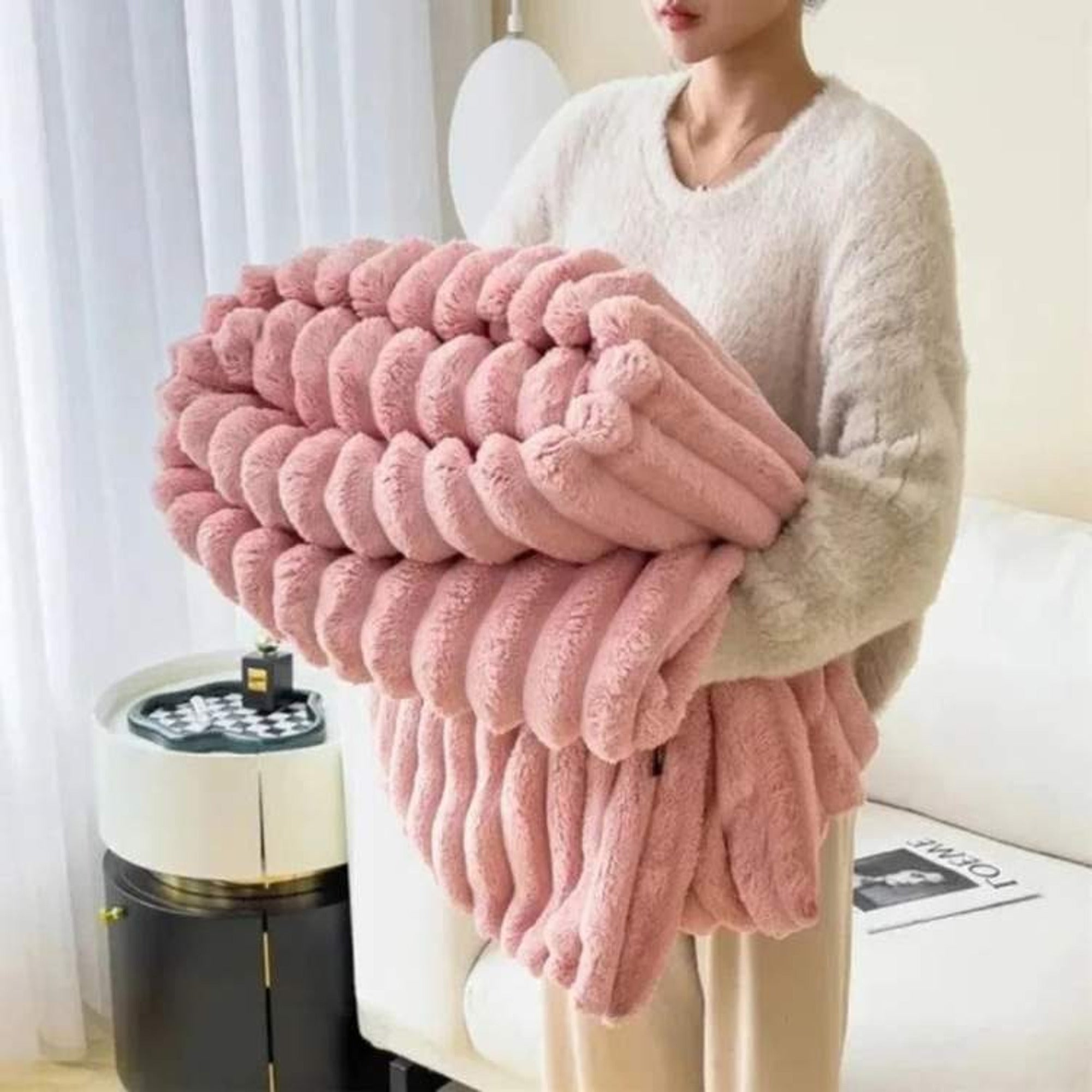 Faux Fur Striped Weighted Blanket With Plush Texture - Image 1