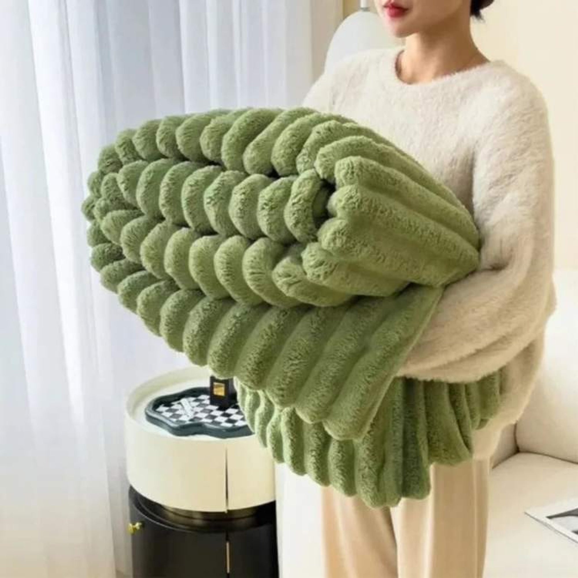 Faux Fur Striped Weighted Blanket With Plush Texture - Image 3