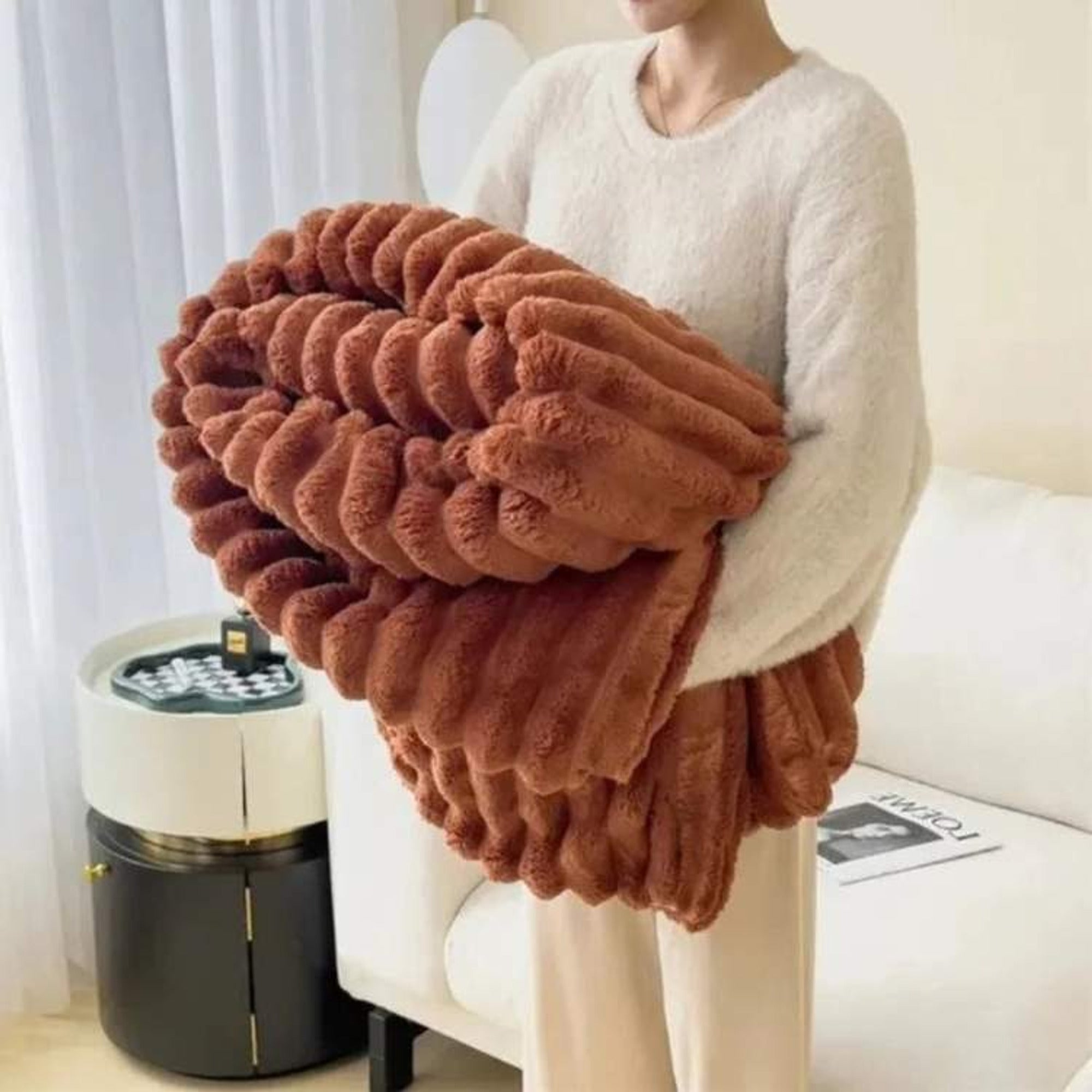 Faux Fur Striped Weighted Blanket With Plush Texture - Image 8