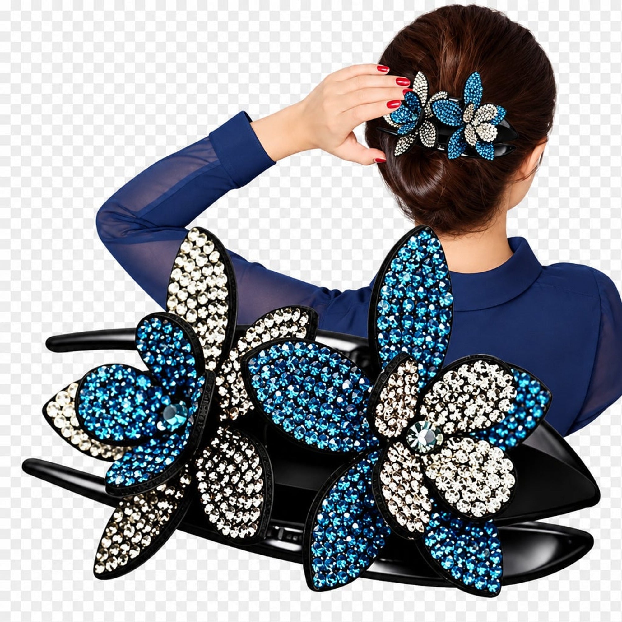 Flower Hair Clip With Rhinestone And Pearl Leather-Padded Double Bloom - Image 1