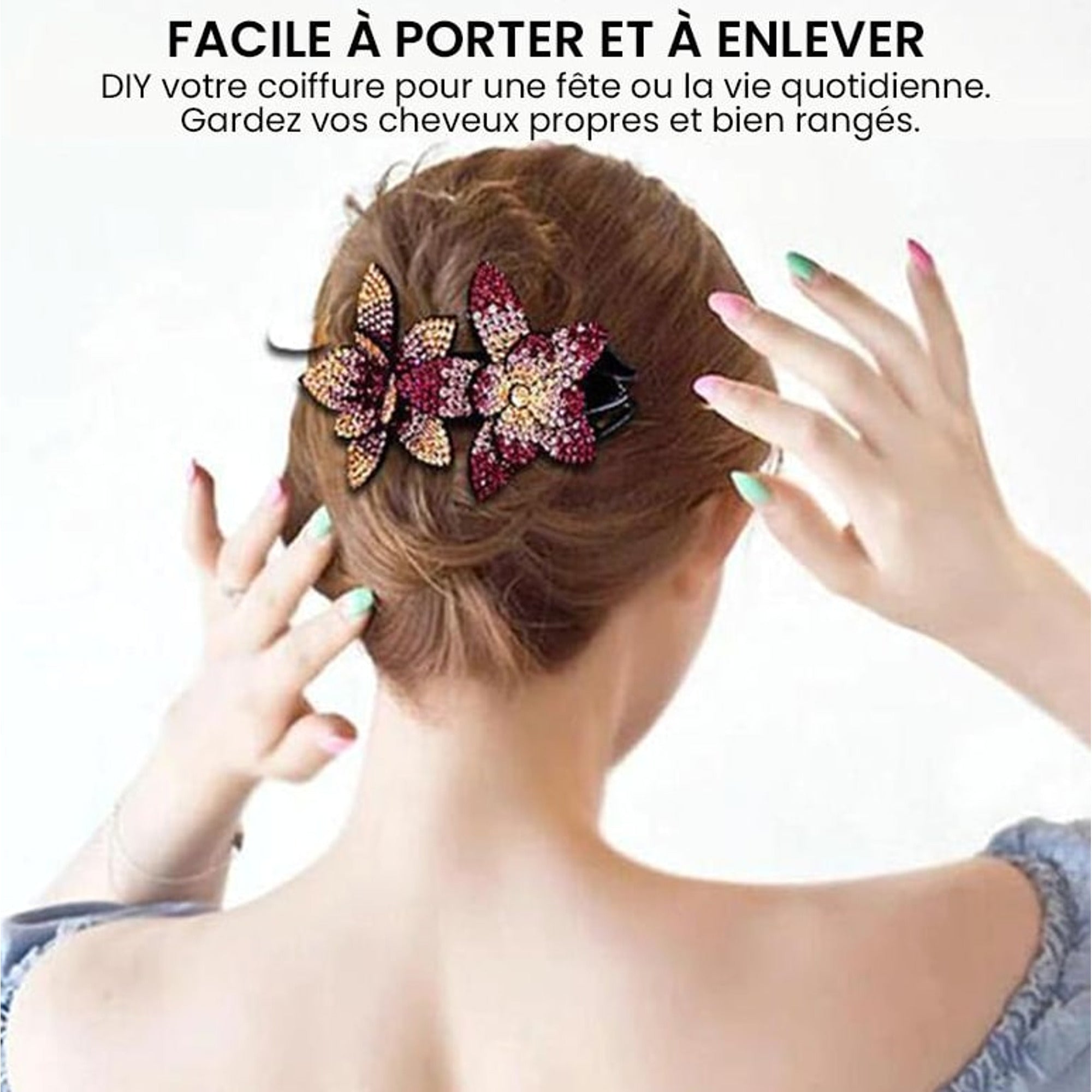 Flower Hair Clip With Rhinestone And Pearl Leather-Padded Double Bloom - Image 9