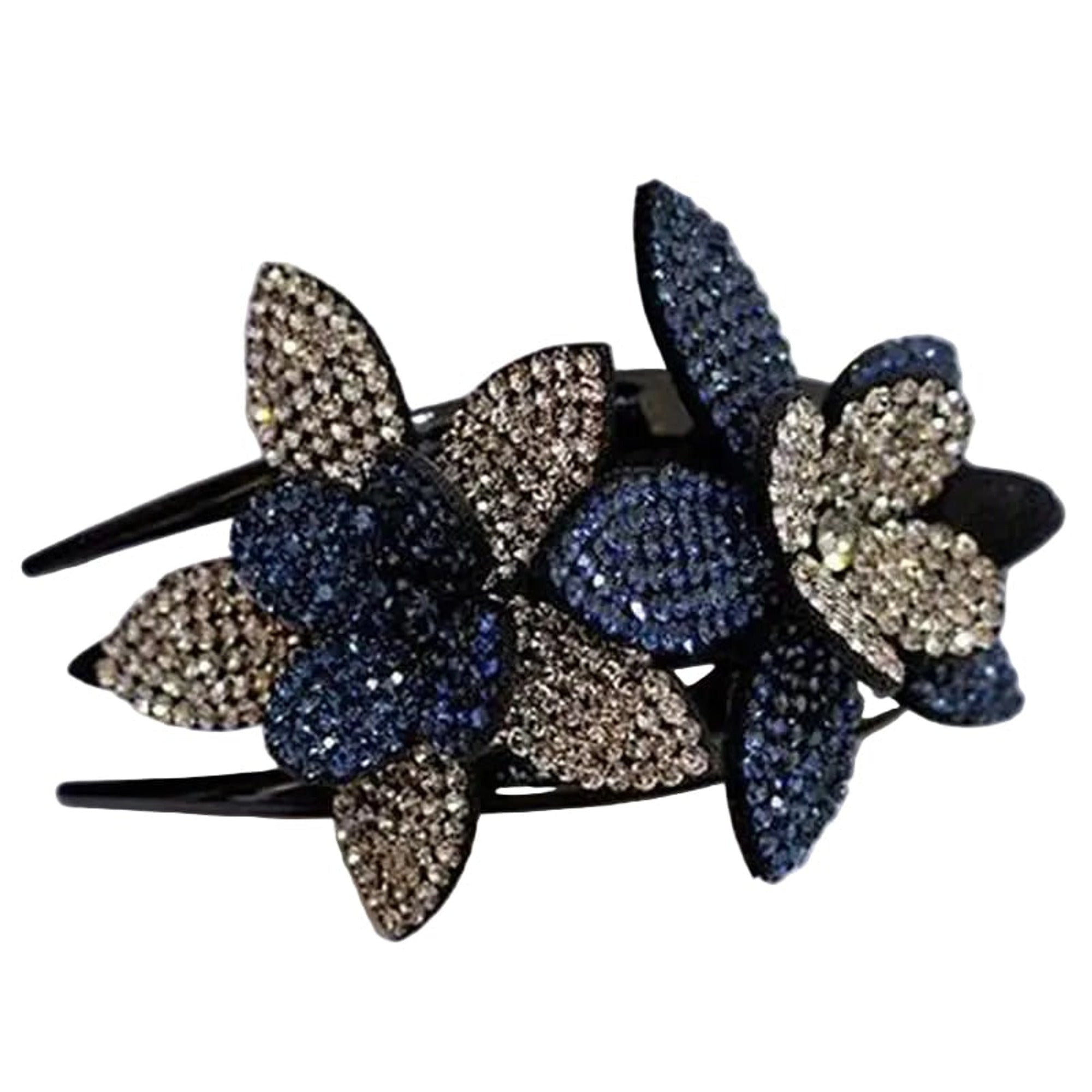 Flower Hair Clip With Rhinestone And Pearl Leather-Padded Double Bloom - Image 5