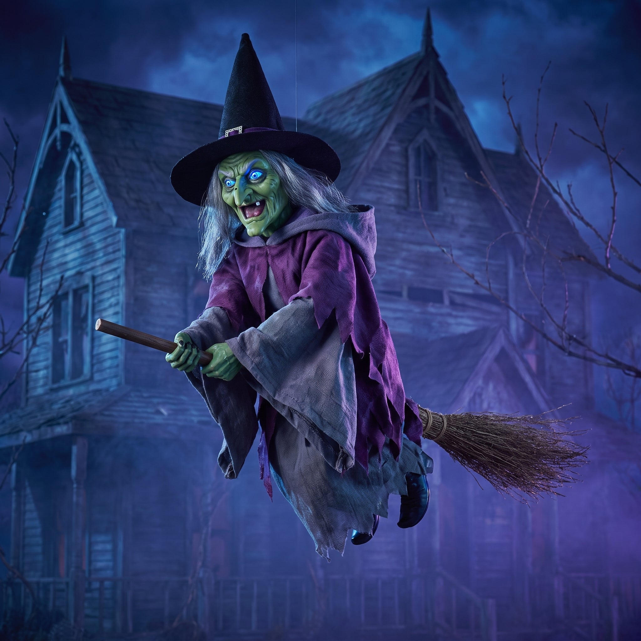 Flying Witch Halloween Decoration Purple And Grey With White Hair - Image 3