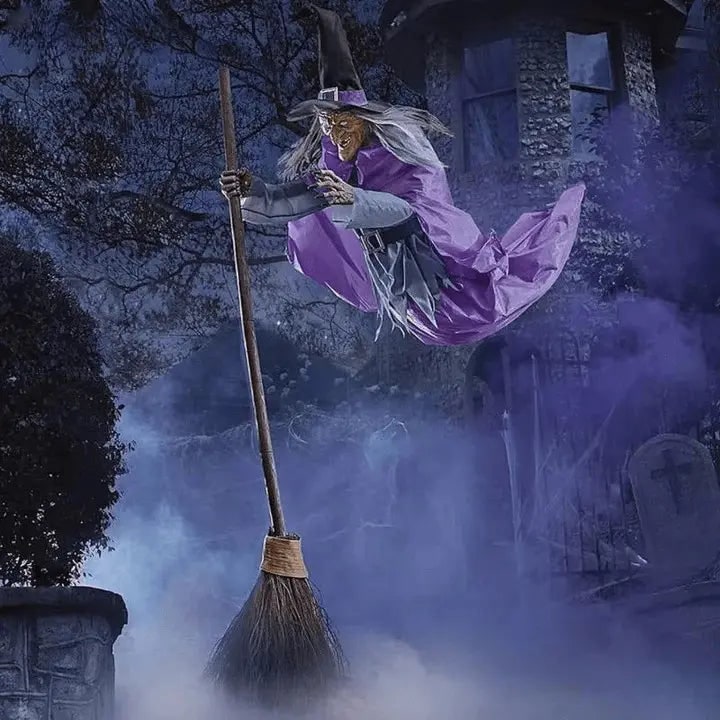 Flying Witch Halloween Decoration Purple And Grey With White Hair - Image 2