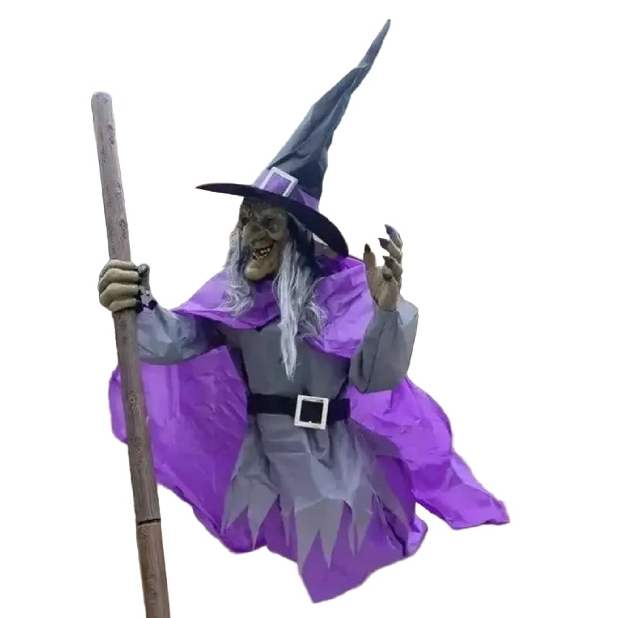 Flying Witch Halloween Decoration Purple And Grey With White Hair - Image 1