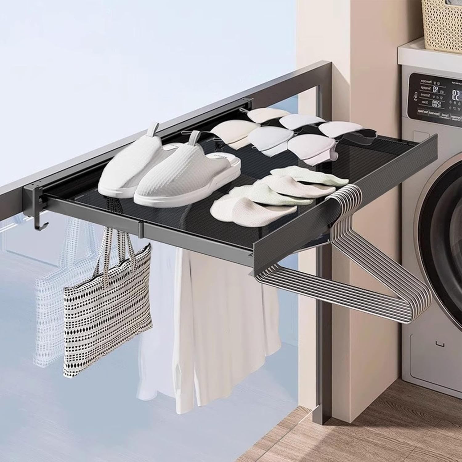Foldable Drying Rack With Large Capacity Wall Mounted Retractable Design For Space Saving Laundry Drying Includes Mesh Surface And Hanging Hooks - Image 2
