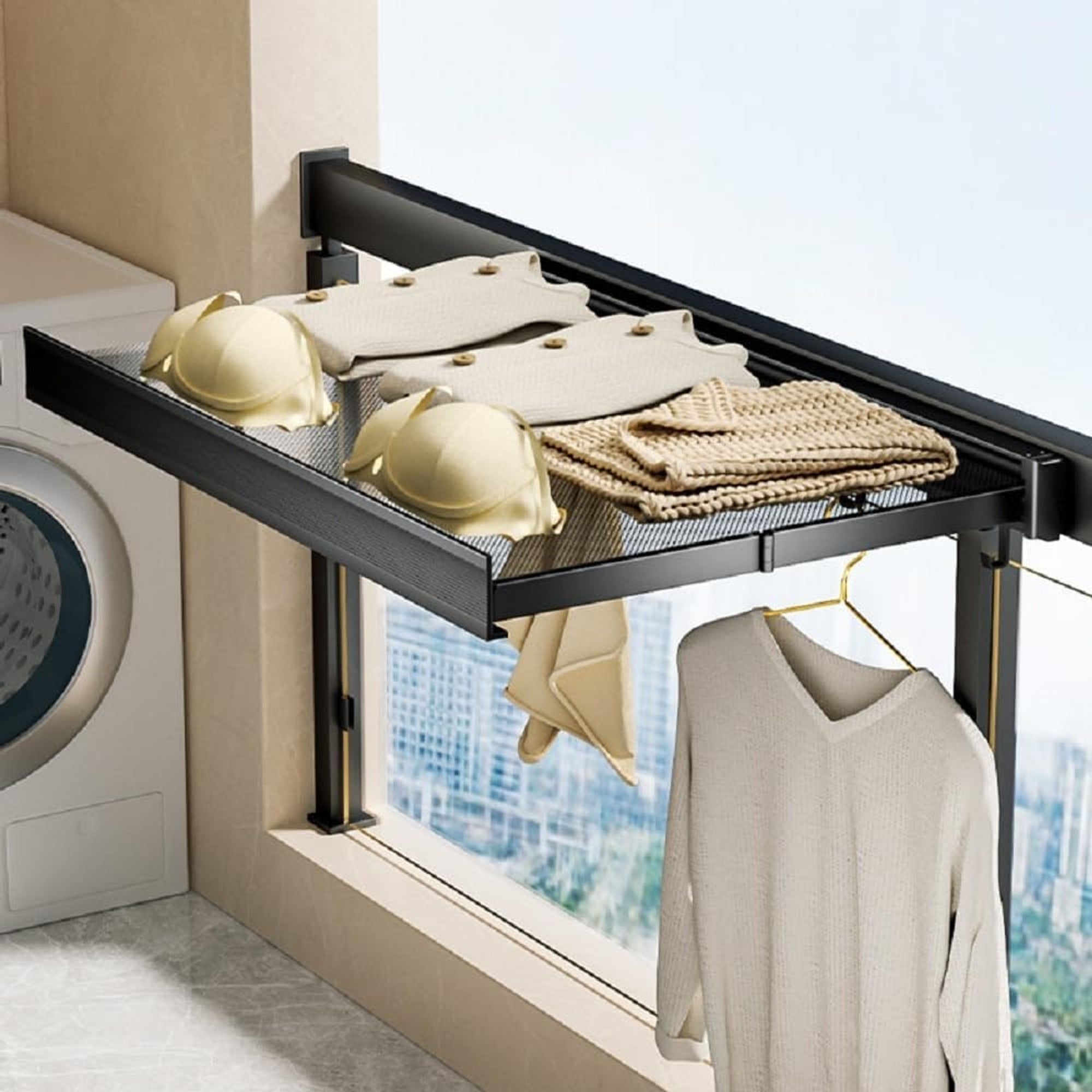 Foldable Drying Rack With Large Capacity Wall Mounted Retractable Design For Space Saving Laundry Drying Includes Mesh Surface And Hanging Hooks - Image 1