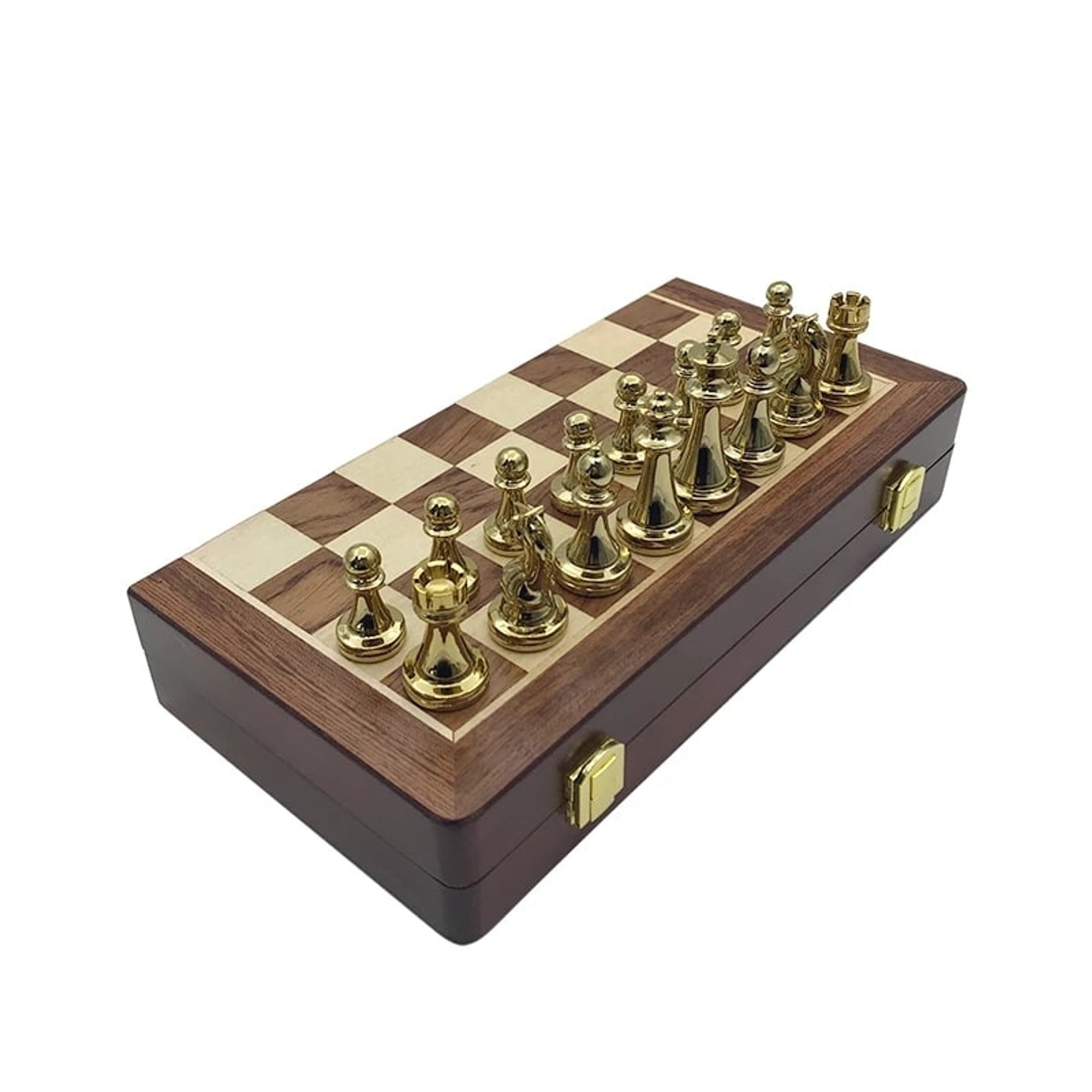 Folding Chess Board Set With Wooden Board And Zinc Alloy Pieces - Image 2