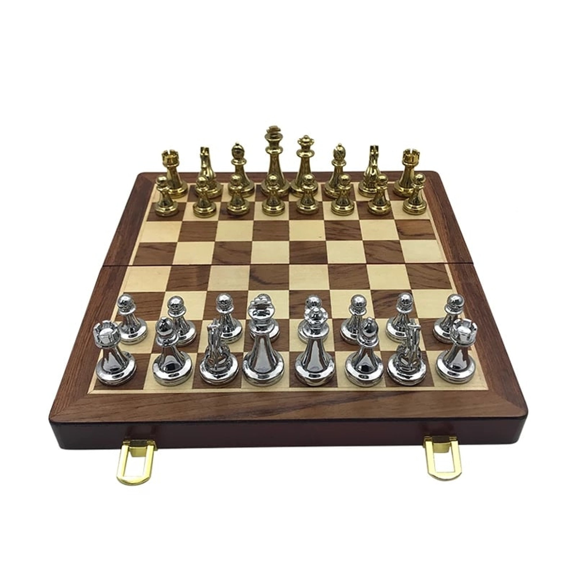 Folding Chess Board Set With Wooden Board And Zinc Alloy Pieces - Image 3