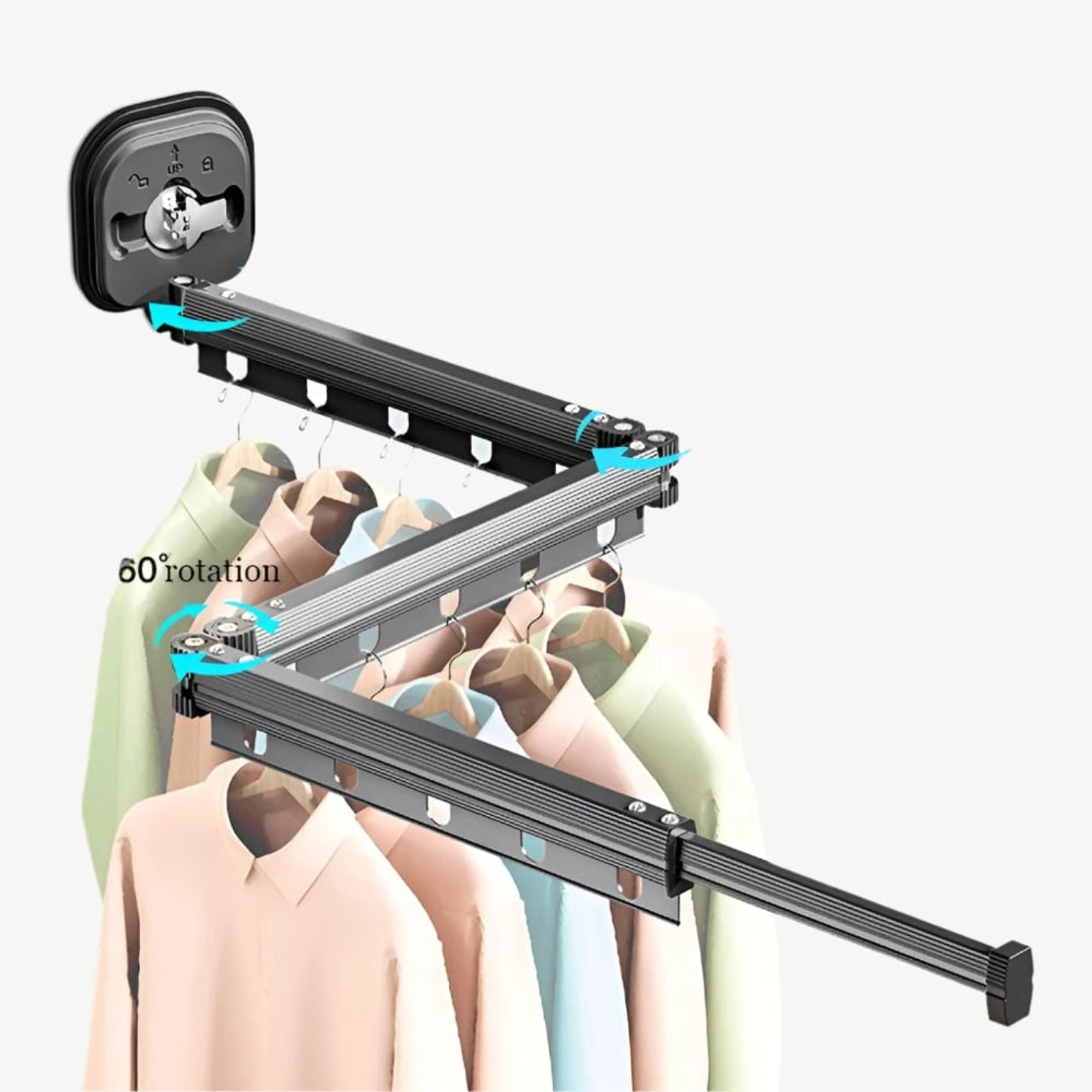 Folding Clothes Drying Rack Wall Mounted With Suction Cup Fixation Par Ventouse In Black And Silver Aluminum - Image 1