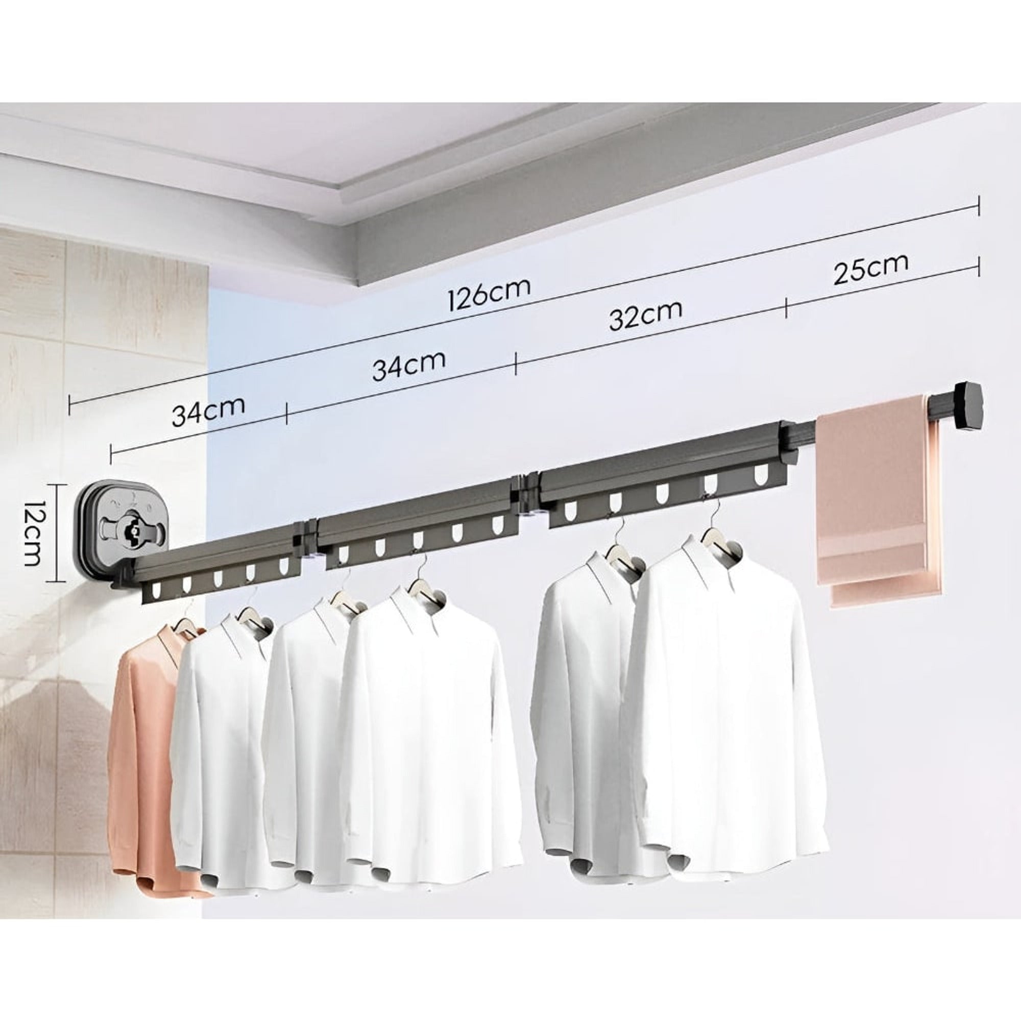 Folding Clothes Drying Rack Wall Mounted With Suction Cup Fixation Par Ventouse In Black And Silver Aluminum - Image 12