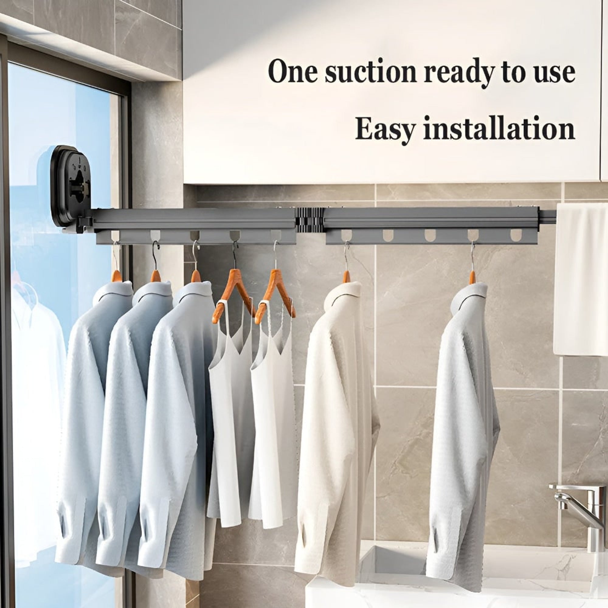 Folding Clothes Drying Rack Wall Mounted With Suction Cup Fixation Par Ventouse In Black And Silver Aluminum - Image 2