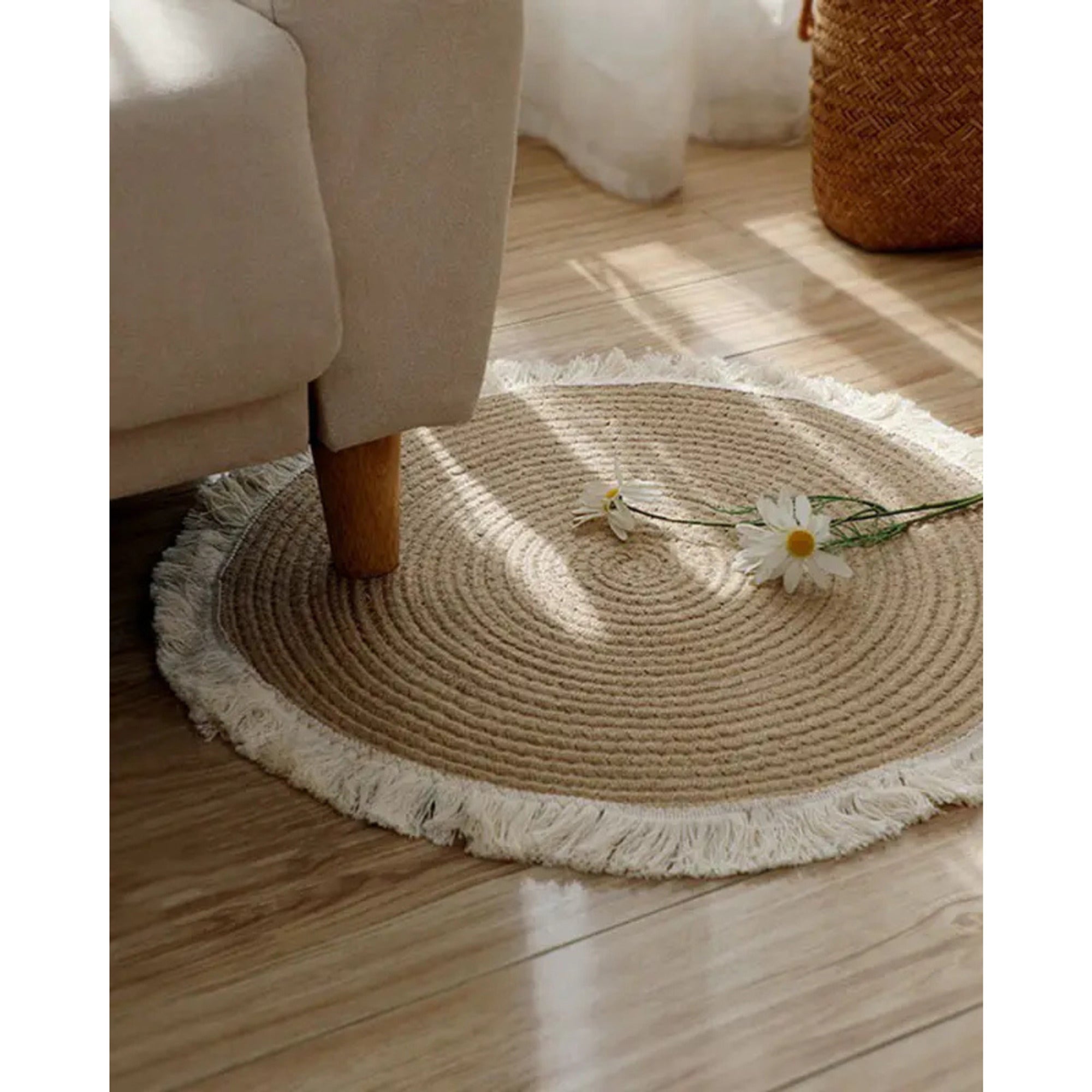 Fringe Rug Round Woven Natural Jute With White Trim - Image 1