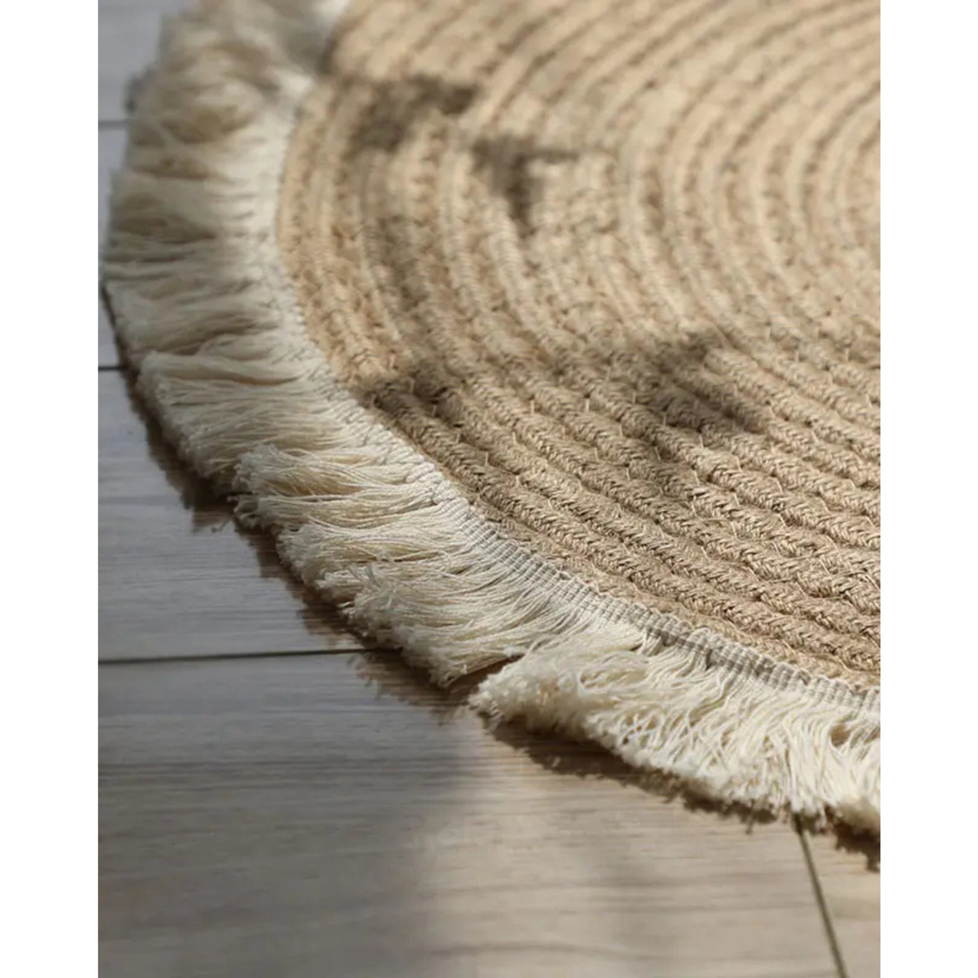 Fringe Rug Round Woven Natural Jute With White Trim - Image 3