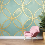 Geometric Mural Wallpaper With Art Deco Gold Circles On A Mint-Green Backdrop - Image 1