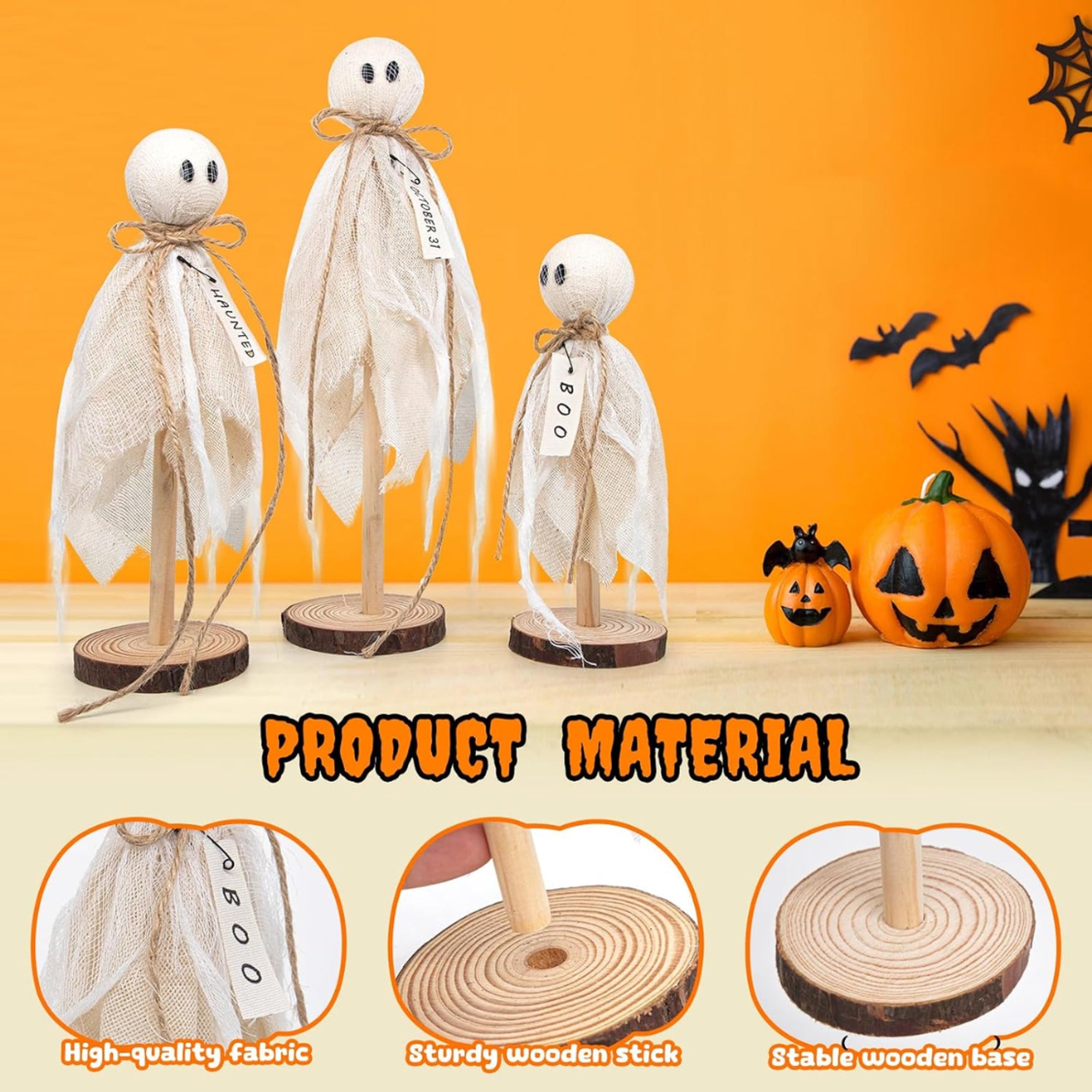 Ghost Halloween Table Decorations With Wooden Base And Gauze Wrap - Image 1
