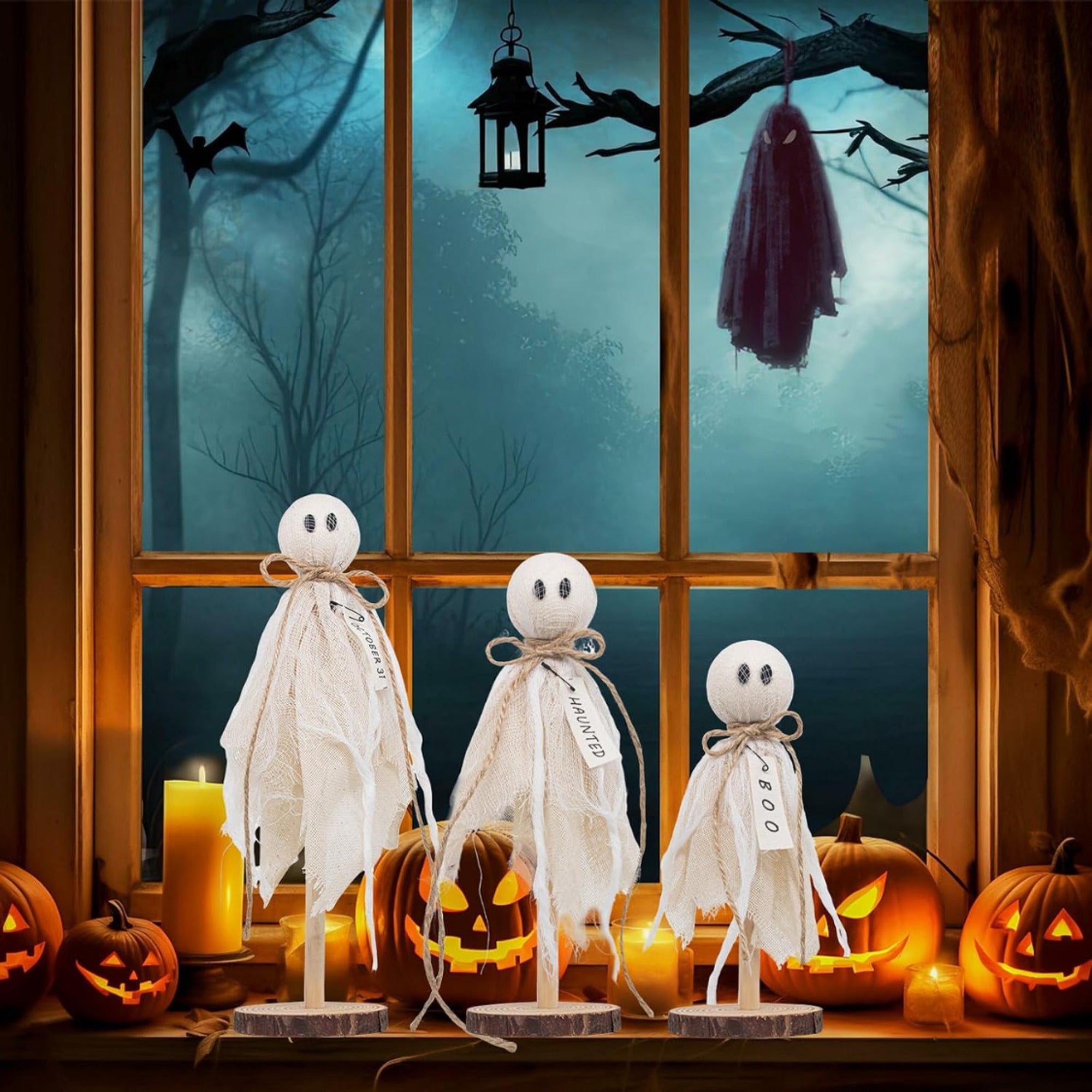 Ghost Halloween Table Decorations With Wooden Base And Gauze Wrap - Image 5