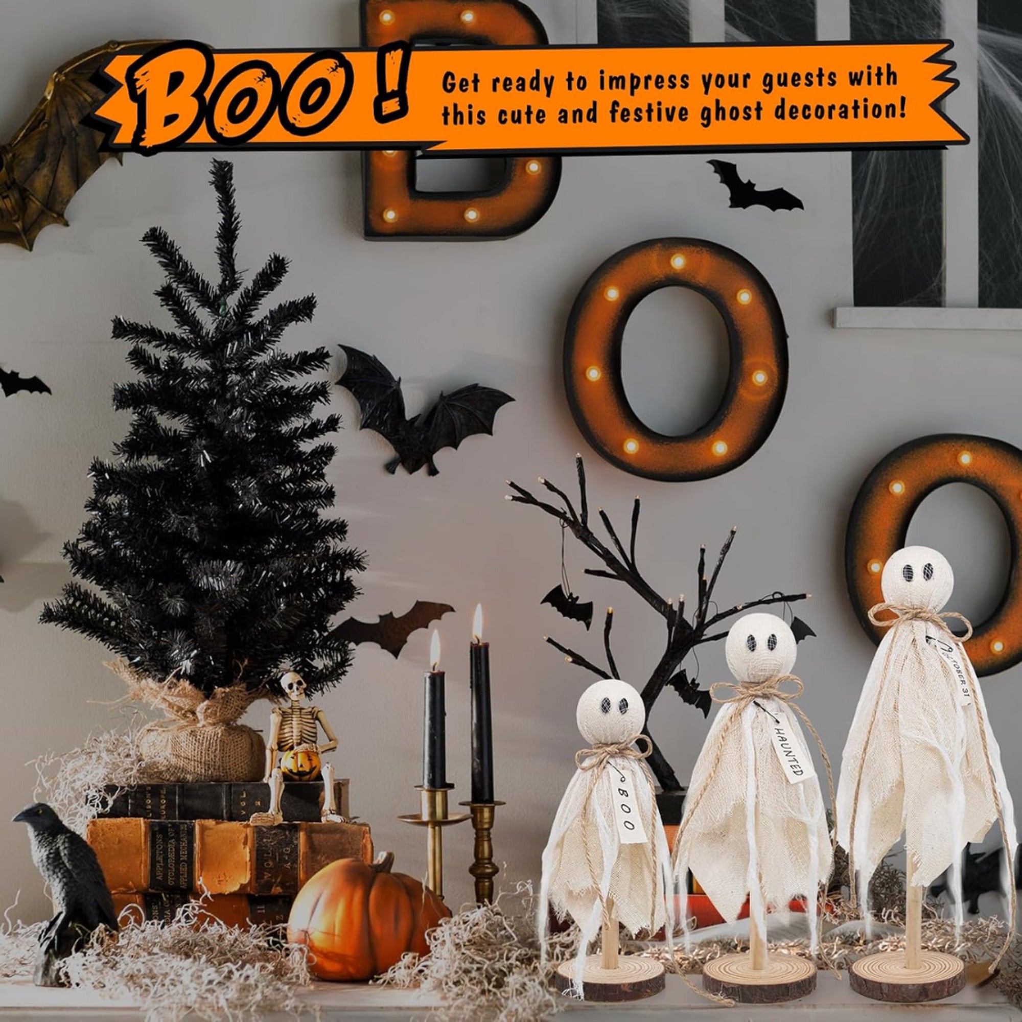Ghost Halloween Table Decorations With Wooden Base And Gauze Wrap - Image 6