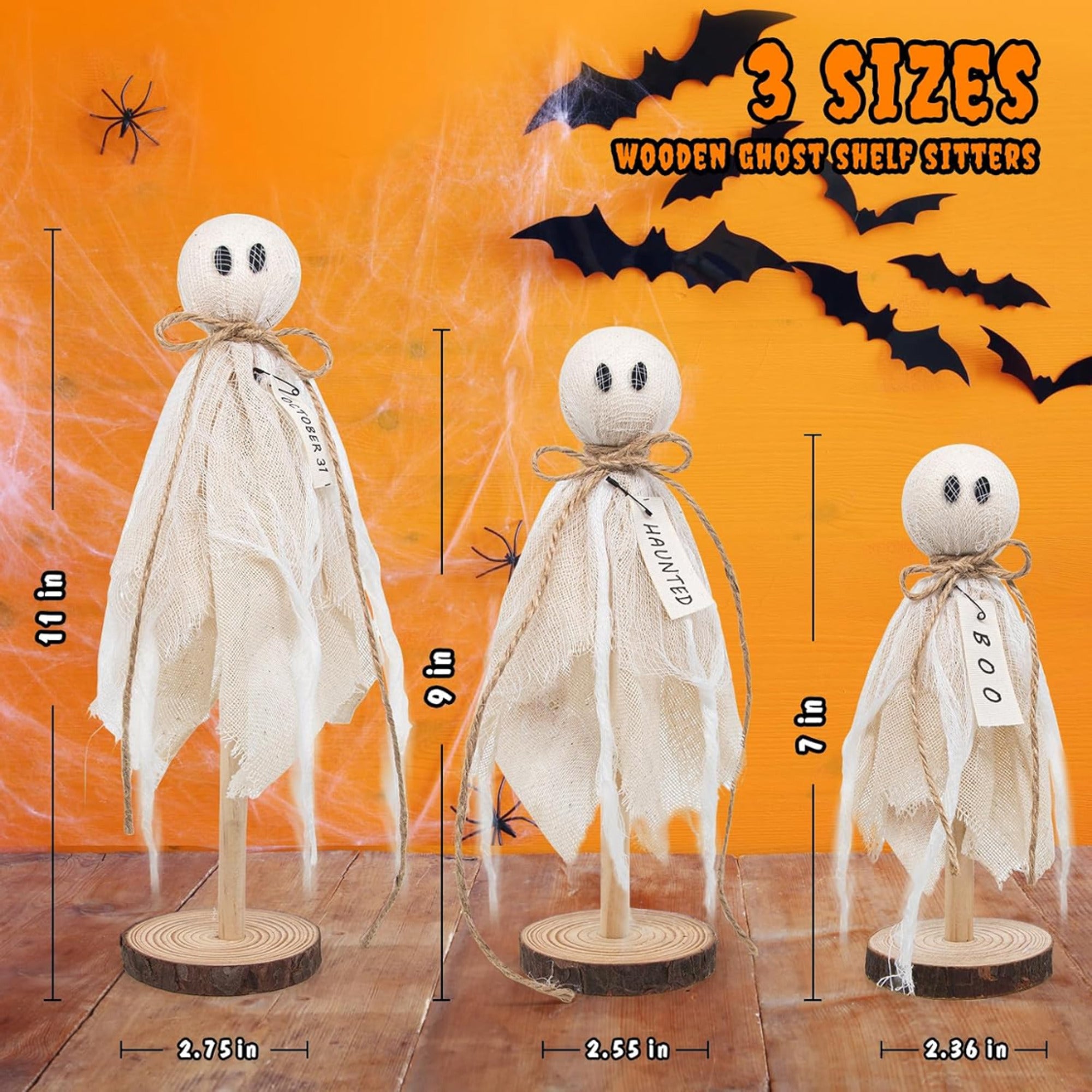 Ghost Halloween Table Decorations With Wooden Base And Gauze Wrap - Image 2