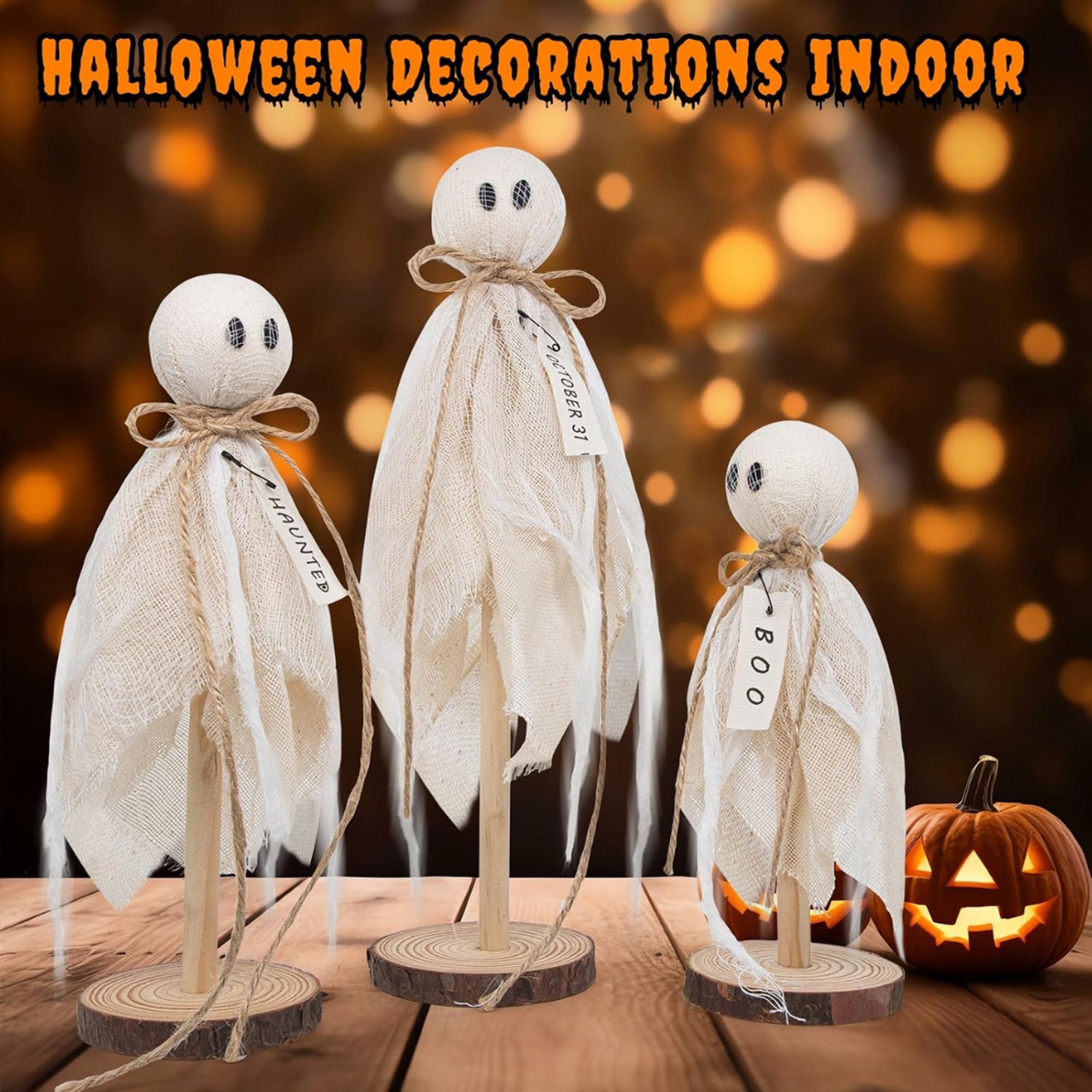 Ghost Halloween Table Decorations With Wooden Base And Gauze Wrap - Image 4