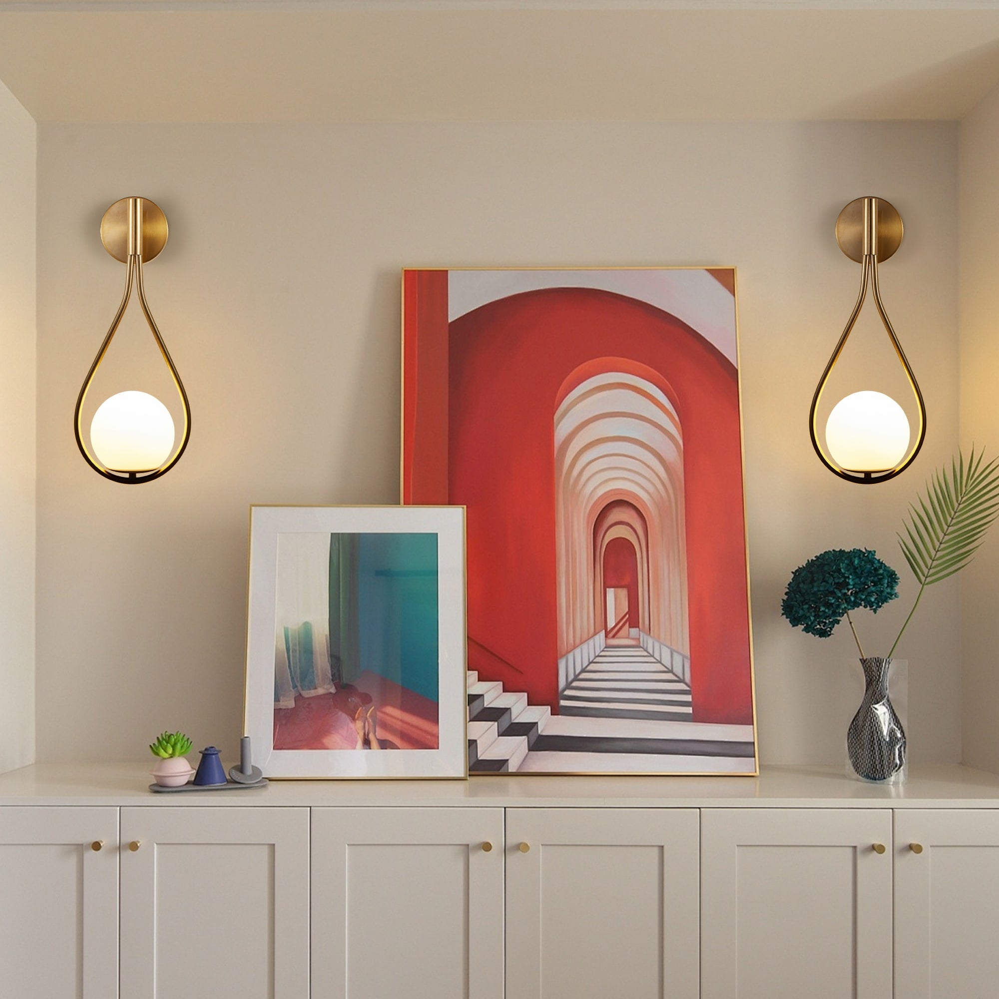 Gold Wall Globe Sconces With Teardrop Frame - Image 1
