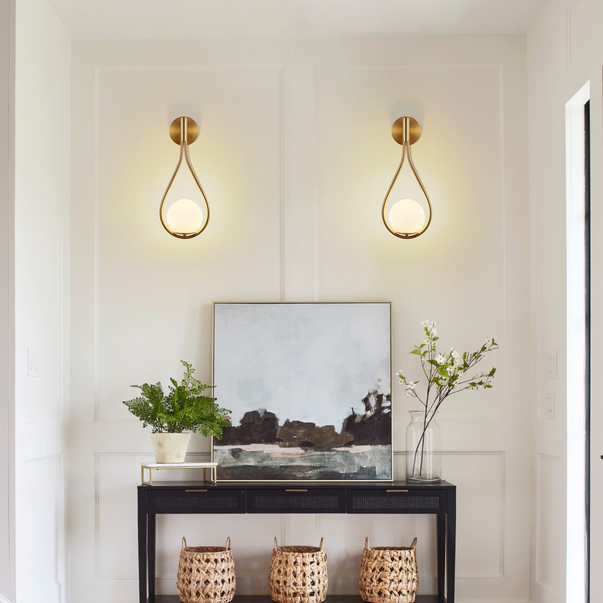 Gold Wall Globe Sconces With Teardrop Frame - Image 3