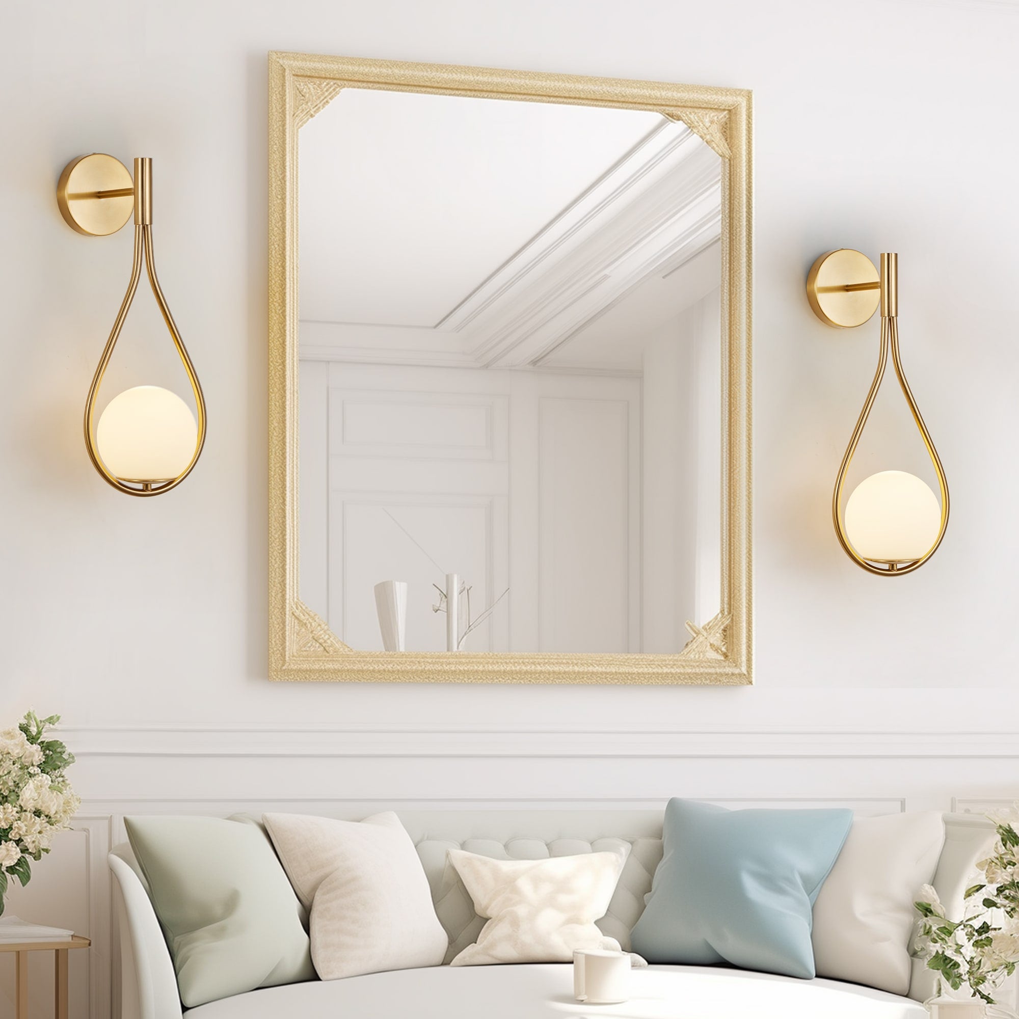 Gold Wall Globe Sconces With Teardrop Frame - Image 4