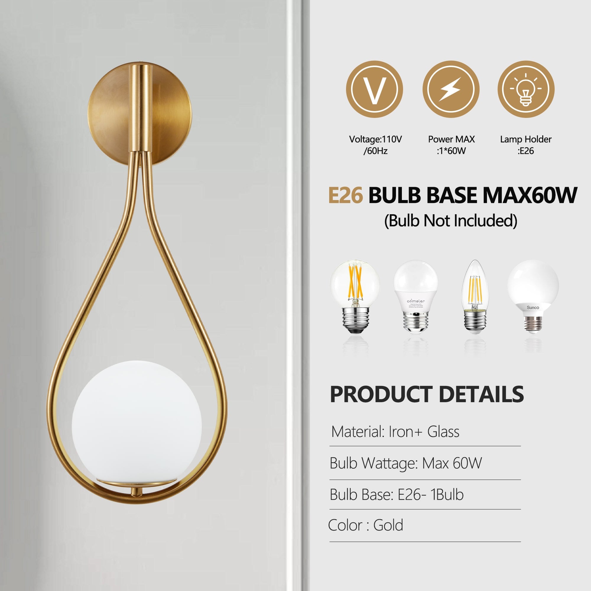 Gold Wall Globe Sconces With Teardrop Frame - Image 6