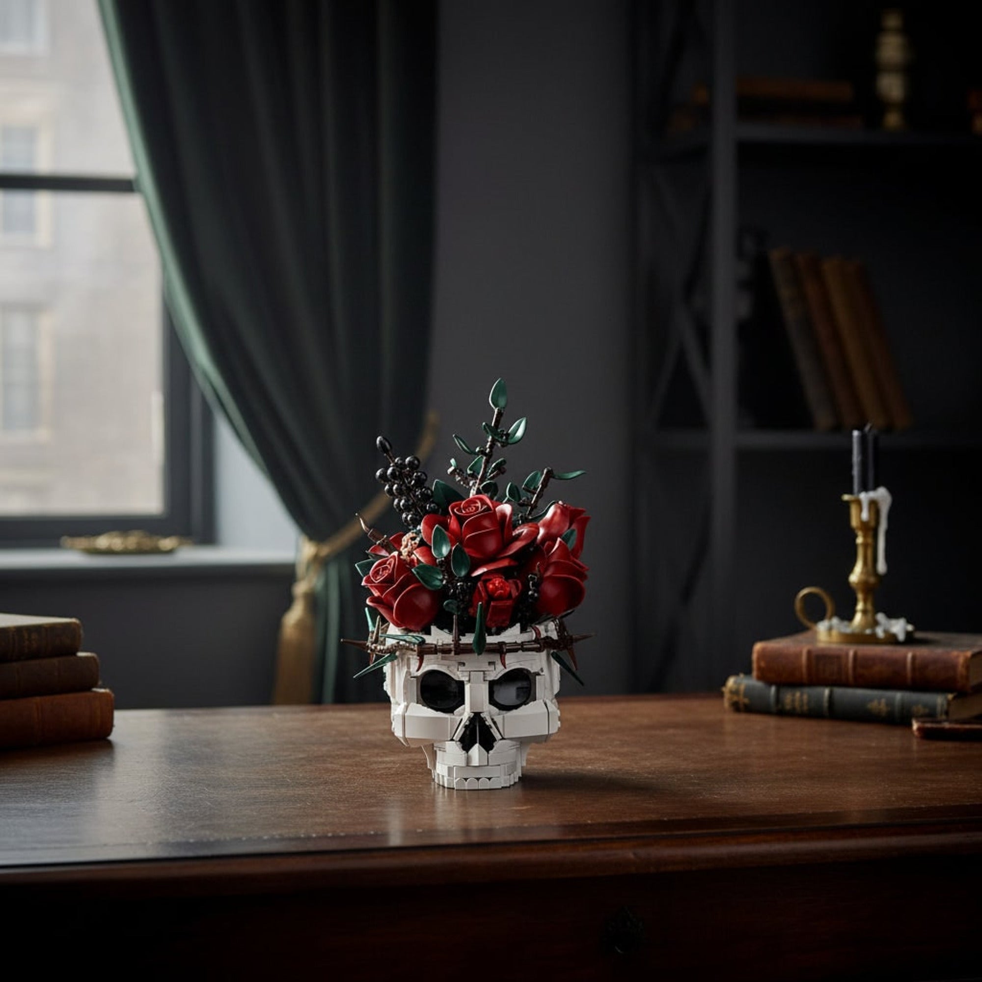 Gothic Halloween Decor Skull Flower Arrangement With Roses - Image 1